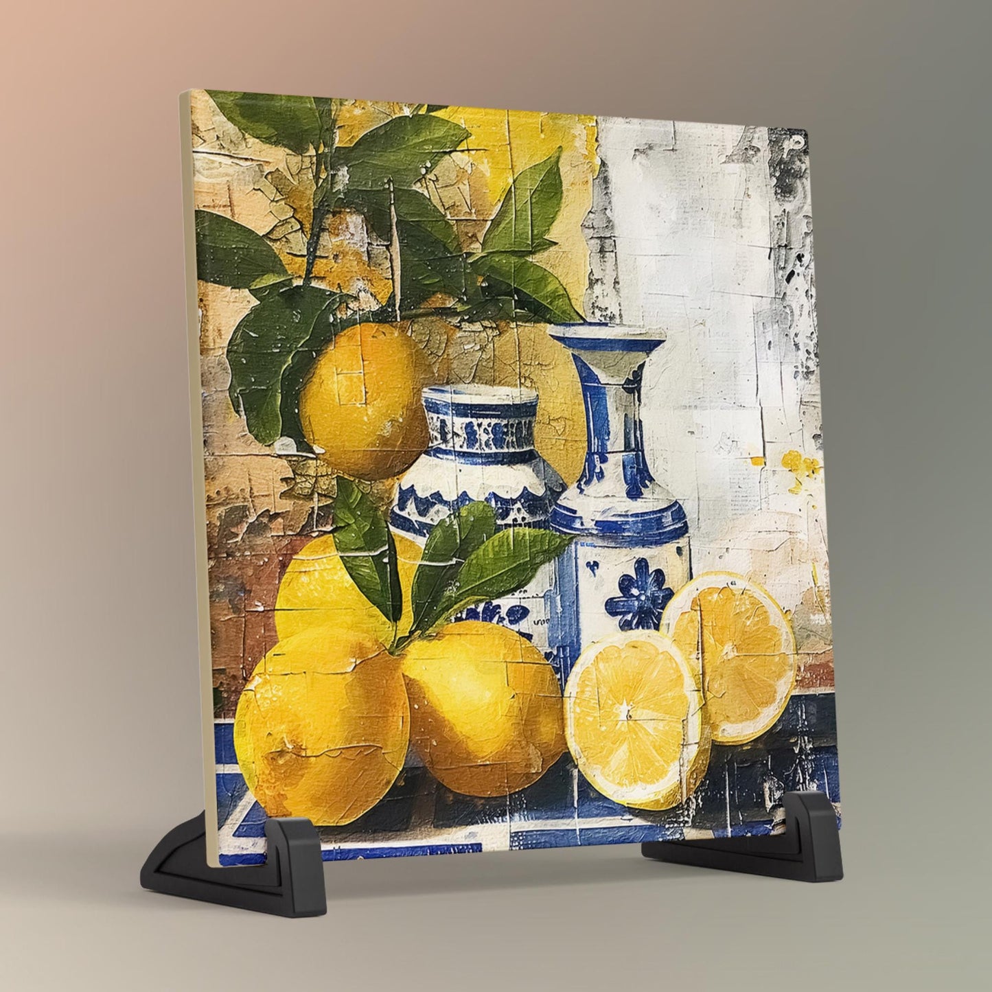 Mediterranean Lemons Ceramic Tile Art, Lemon Art, Blue Portuguese Decorative Tile, Ideal Kitchen Decor