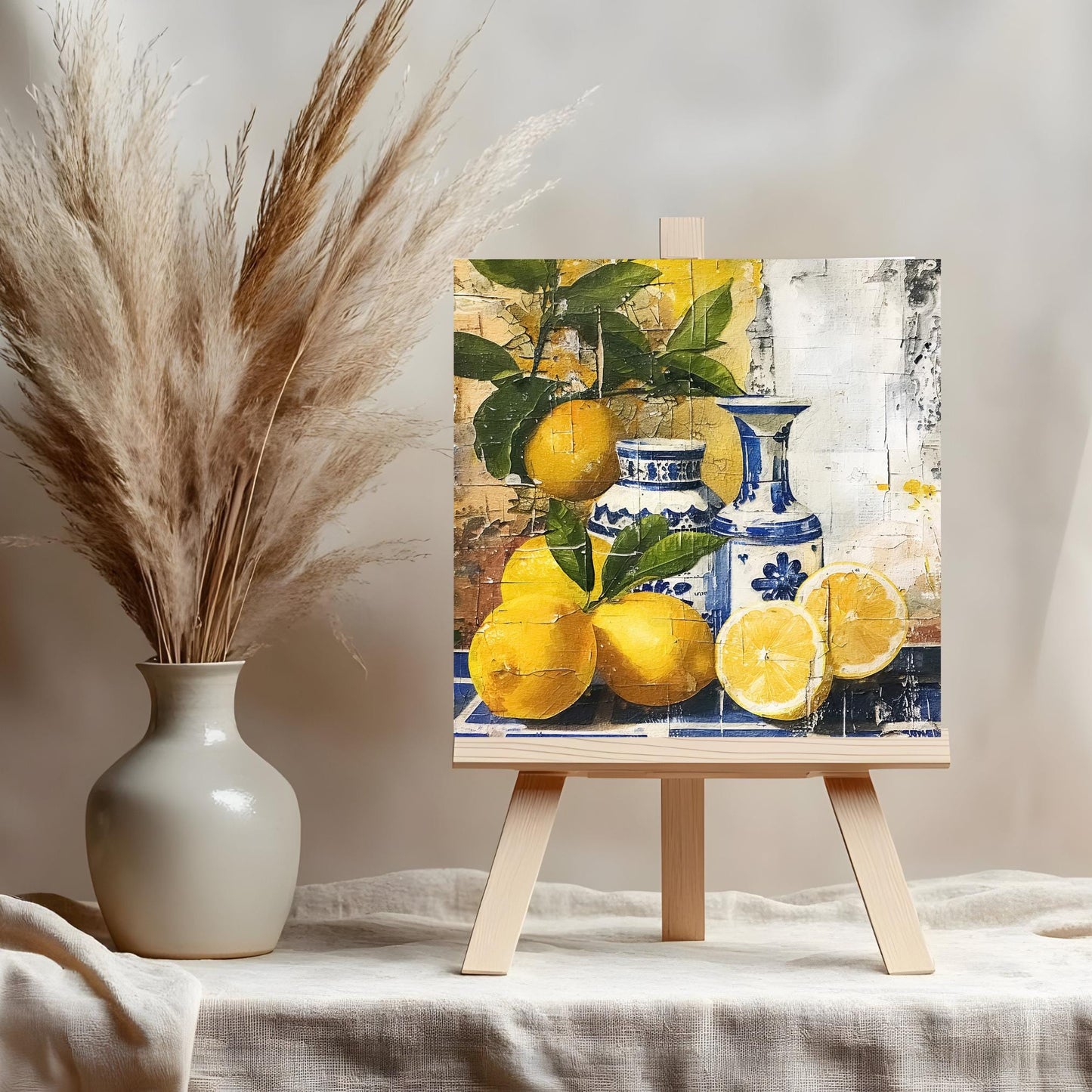 Mediterranean Lemons Ceramic Tile Art, Lemon Art, Blue Portuguese Decorative Tile, Ideal Kitchen Decor