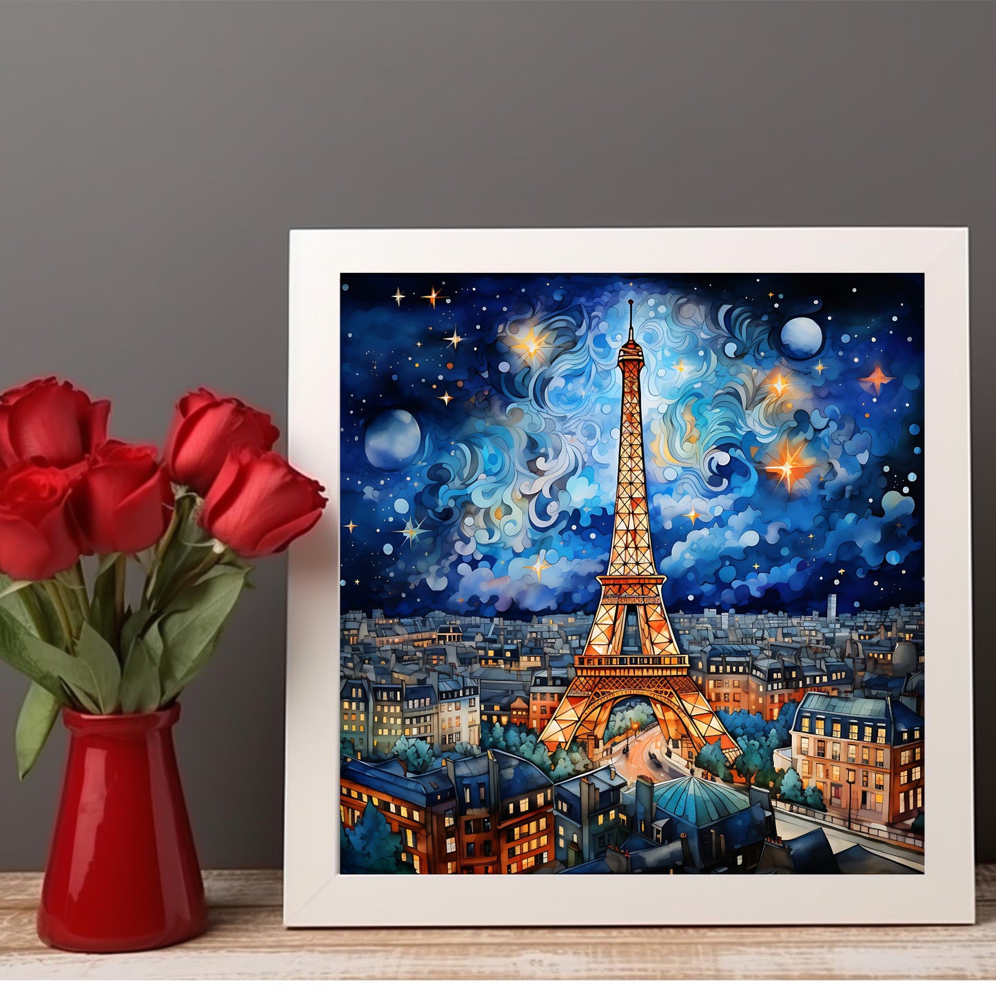 Starry Night in Paris Ceramic Art Tile - Whimsical Design, Vibrant Colors, Beautiful Tile Art for the Kitchen, Unique Art