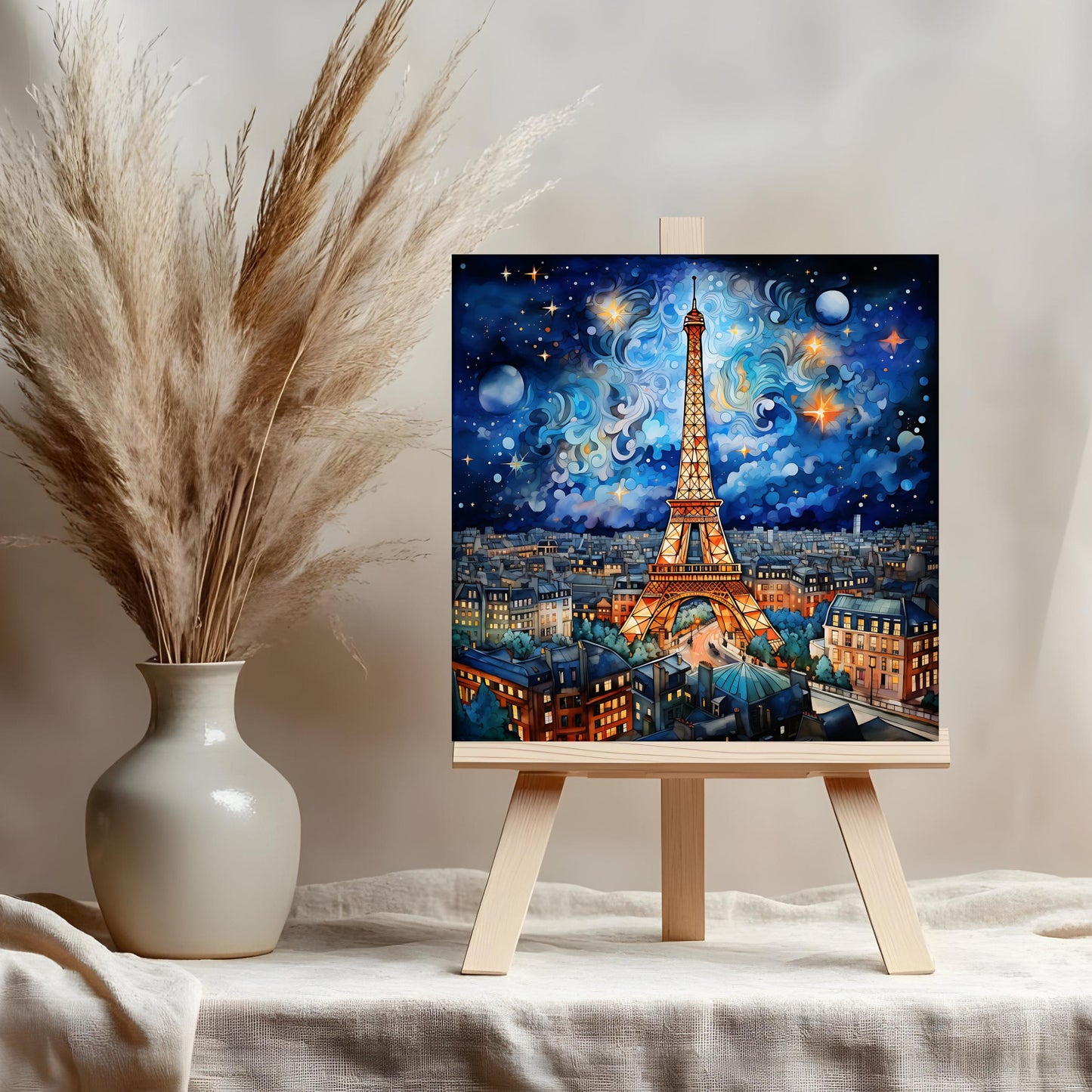 Starry Night in Paris Ceramic Art Tile - Whimsical Design, Vibrant Colors, Beautiful Tile Art for the Kitchen, Unique Art