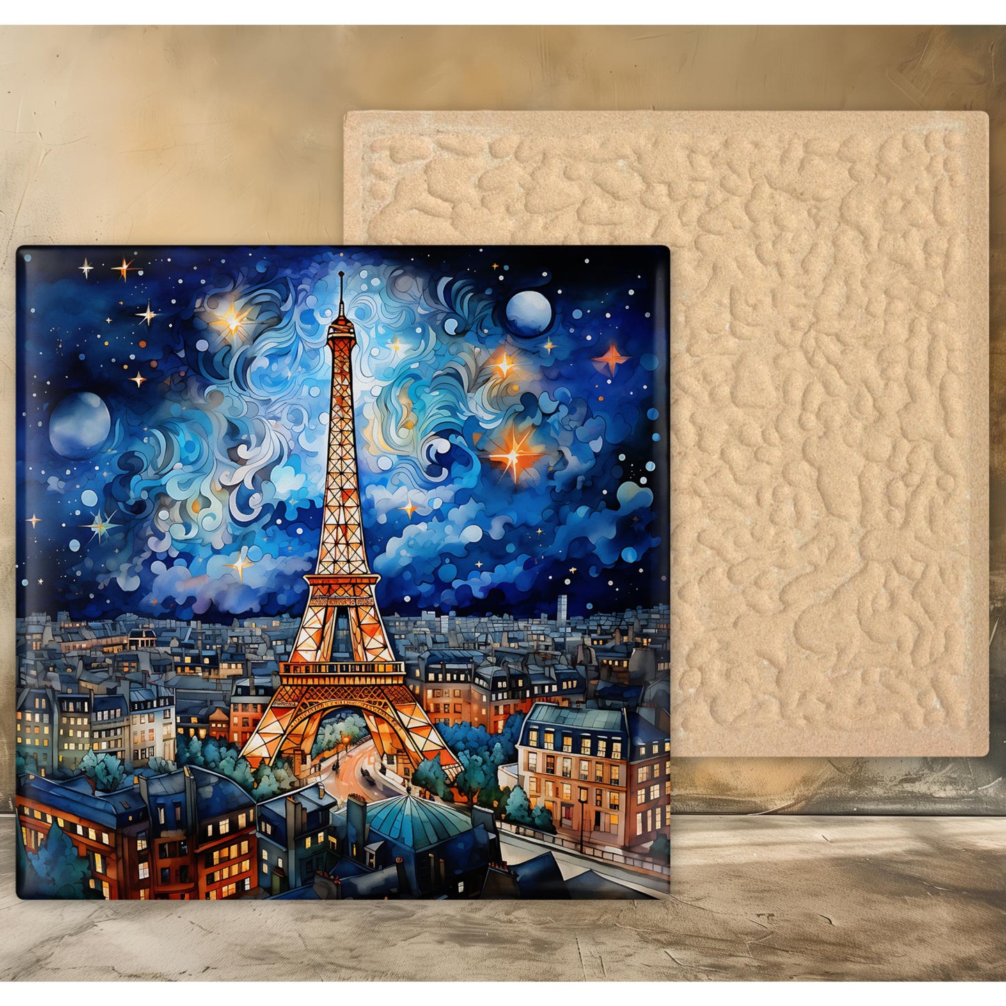 Starry Night in Paris Ceramic Art Tile - Whimsical Design, Vibrant Colors, Beautiful Tile Art for the Kitchen, Unique Art