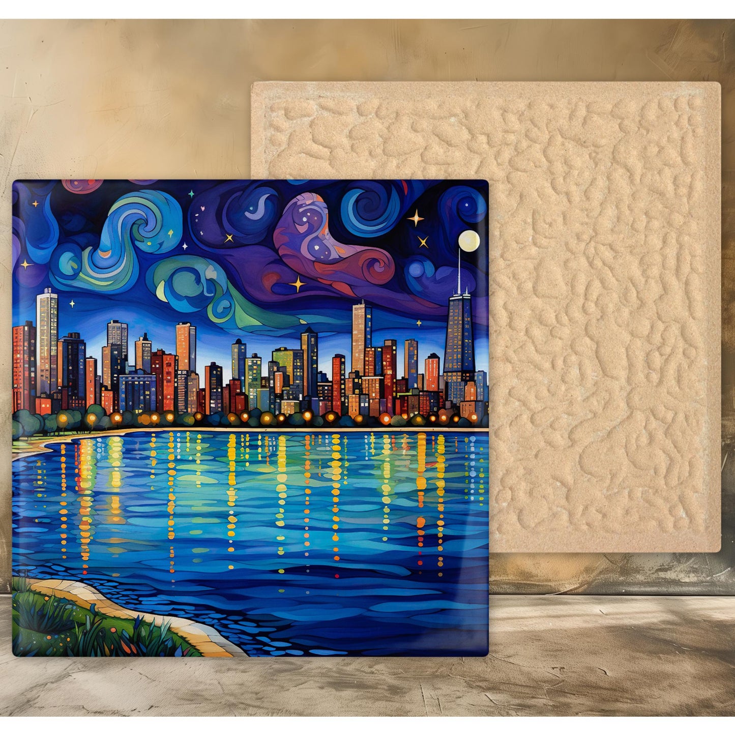 Chicago Starry Night Ceramic Art Tile, Iconic Chicago Lakefront Design, Whimsical City, Galley Wall Hanging, Chicago Art