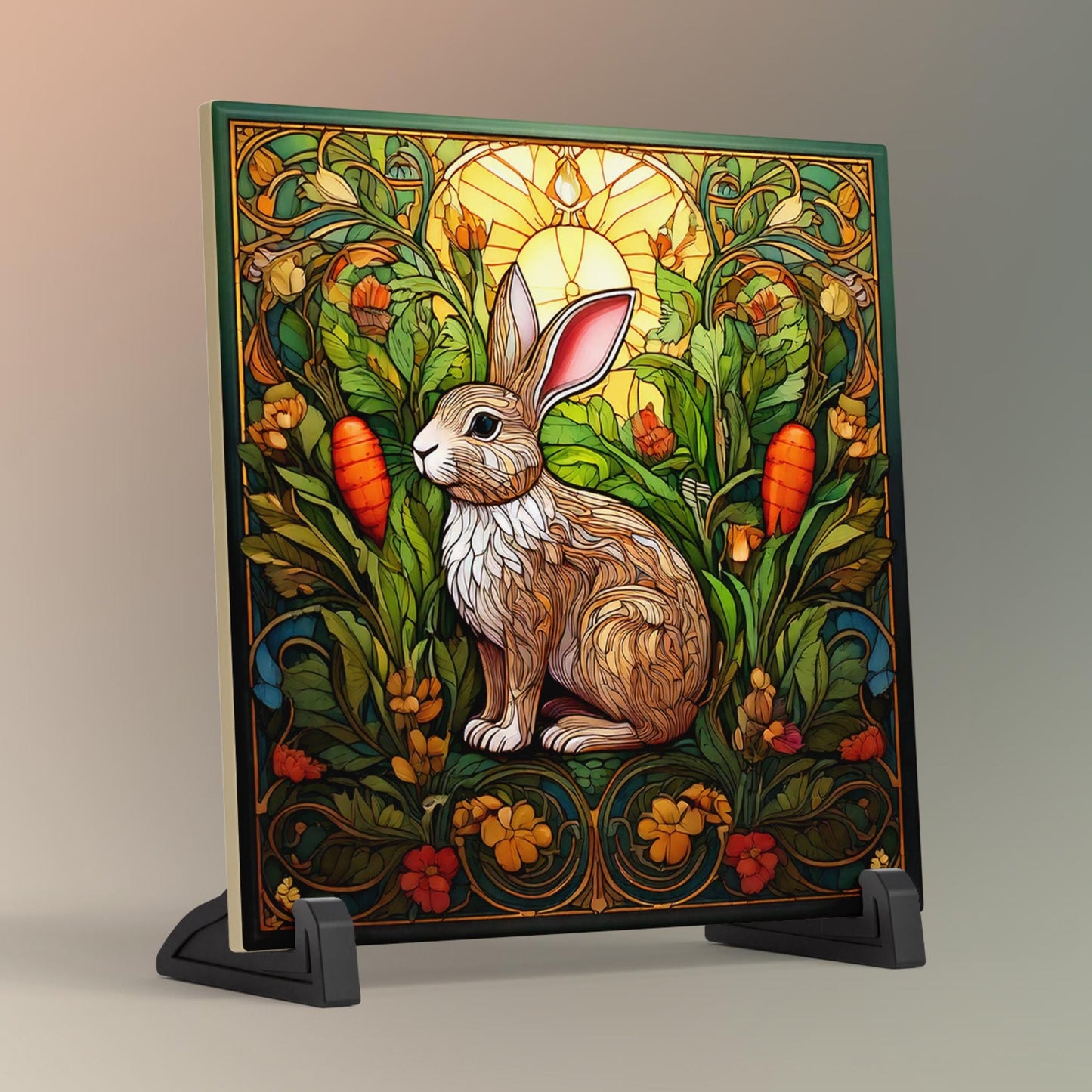 Adorable Bunny with Carrot Ceramic Tile - Charming Stained Glass Effect Rabbit Decor - Farmhouse Style Gifts & Wall Art - Ready to Display