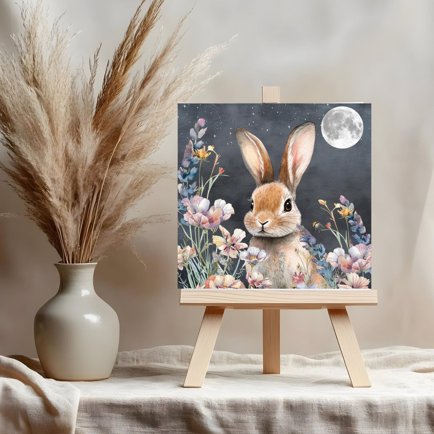 Midnight Easter Bunny Ceramic Art Tile, Whimsical Spring Wall Decor, Perfect for Farmhouse Aesthetics, Rabbit Art