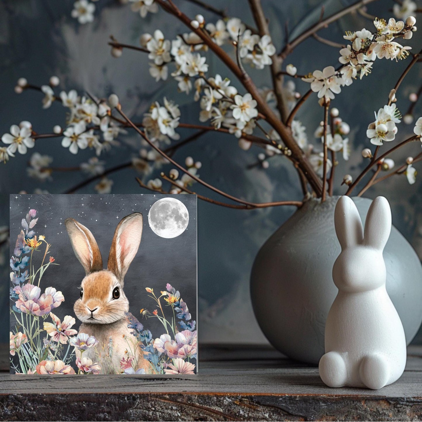 Midnight Easter Bunny Ceramic Art Tile, Whimsical Spring Wall Decor, Perfect for Farmhouse Aesthetics, Rabbit Art