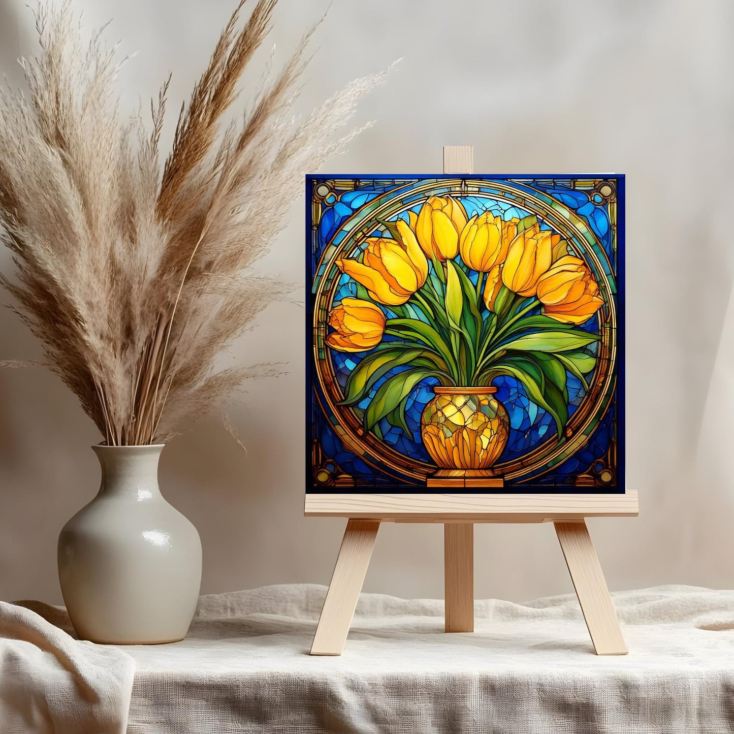 Art Nouveau Flowers Ceramic Art Tile, Handcrafted Decorative Tile for Elegant Home Decor, Unique Gift for Art Lovers, Art Deco Yellow Tulips