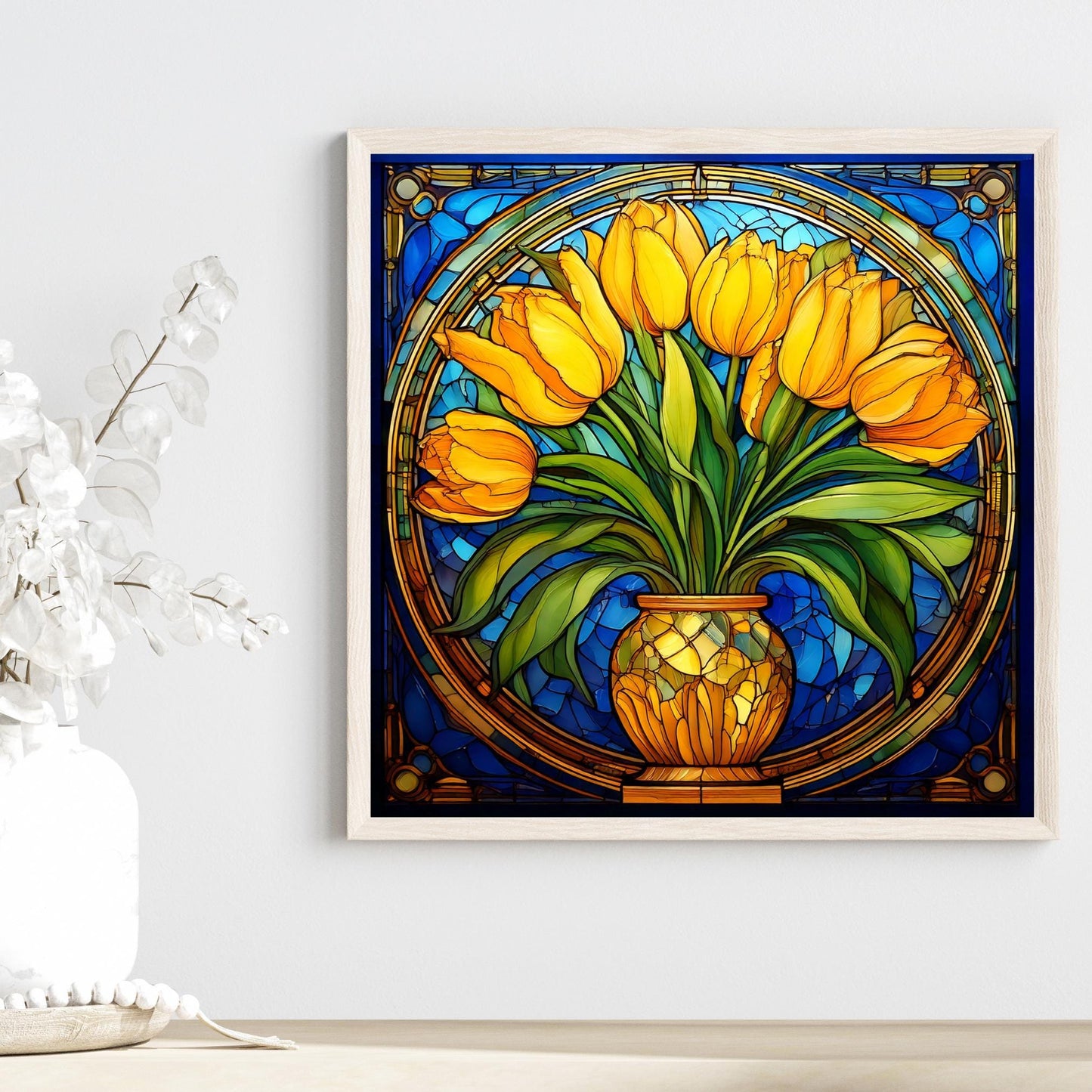 Art Nouveau Flowers Ceramic Art Tile, Handcrafted Decorative Tile for Elegant Home Decor, Unique Gift for Art Lovers, Art Deco Yellow Tulips