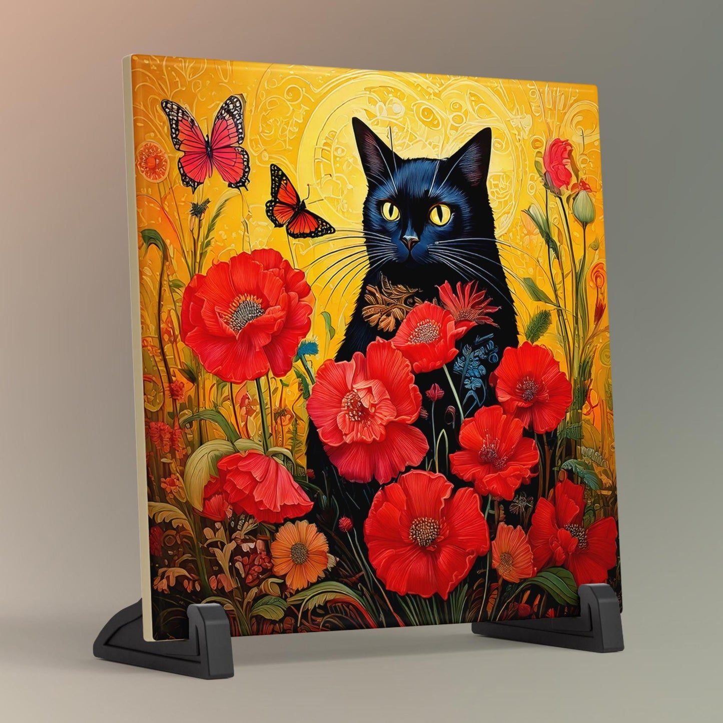 Black Cat Ceramic Art Tile | Art Nouveau Style | Beautiful Red Poppies | Floral Art | Ideal Gift for Cat Enthusiasts | Art Deco Home Decor