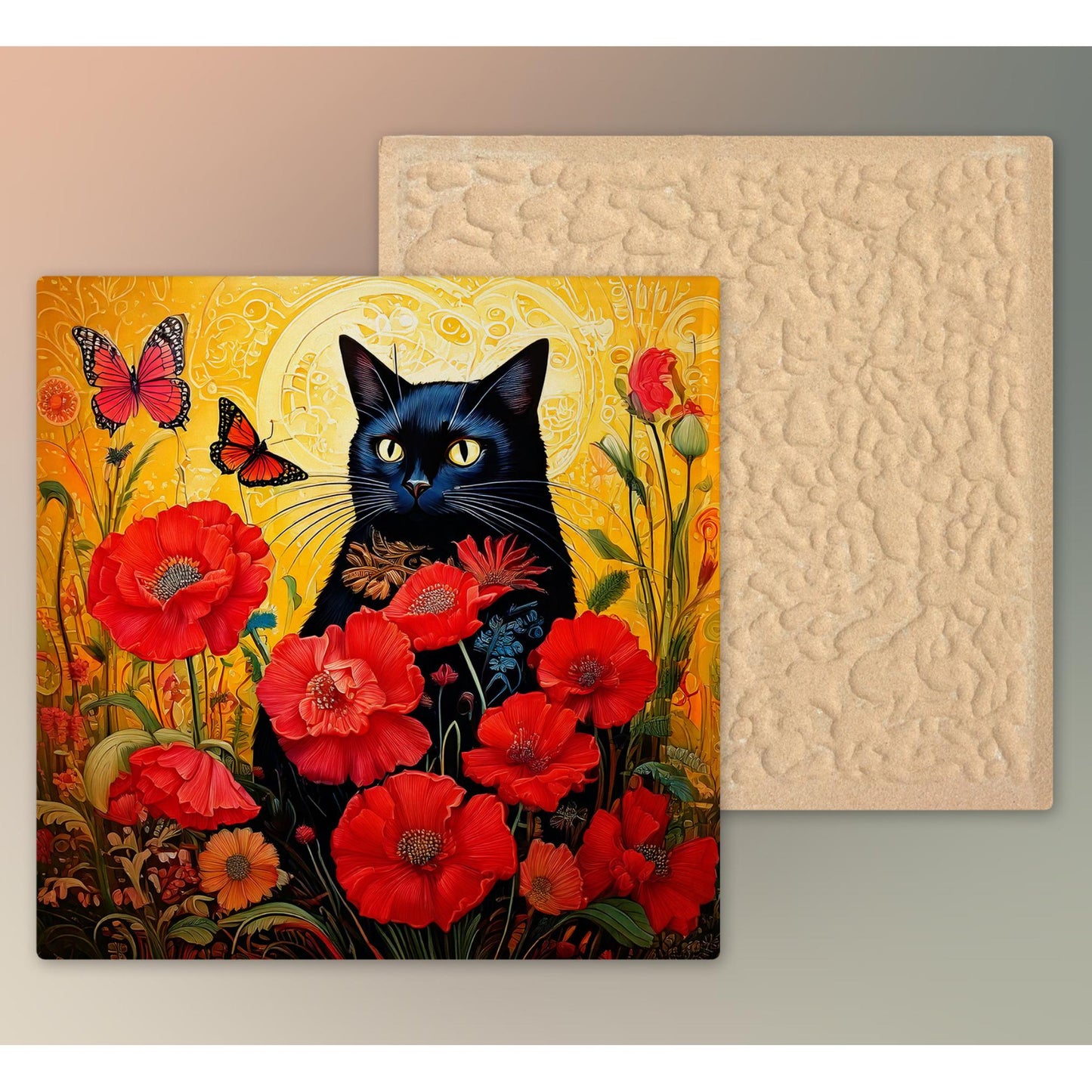 Black Cat Ceramic Art Tile | Art Nouveau Style | Beautiful Red Poppies | Floral Art | Ideal Gift for Cat Enthusiasts | Art Deco Home Decor