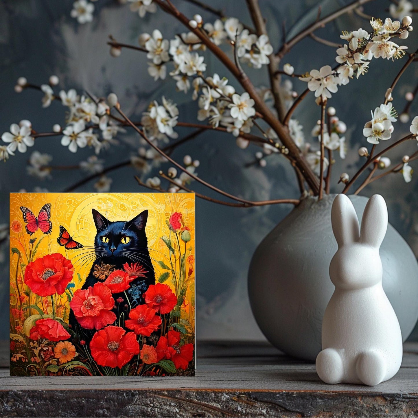 Black Cat Ceramic Art Tile | Art Nouveau Style | Beautiful Red Poppies | Floral Art | Ideal Gift for Cat Enthusiasts | Art Deco Home Decor