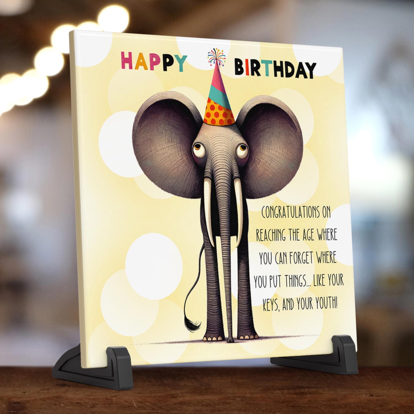 Quirky Elephant Ceramic Tile Birthday Greeting | Happy Birthday Friend Gift | Funny Elephant Birthday Art | Birthday Gift | Quirky Artwork