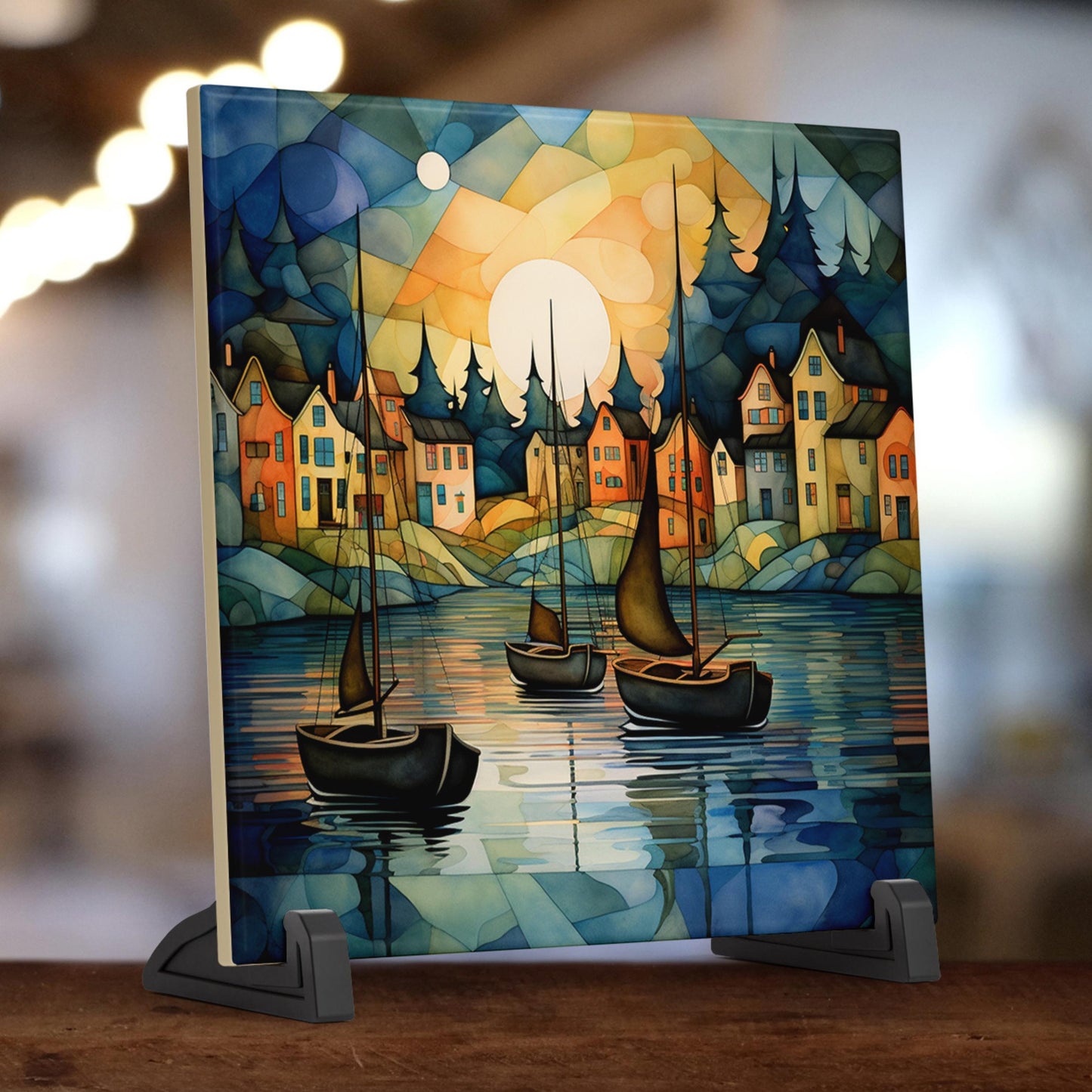 Waterfront Sailing Ceramic Tile Art, Charming Sailboat Design for Coastal Wall Art, Nautical Home Decor