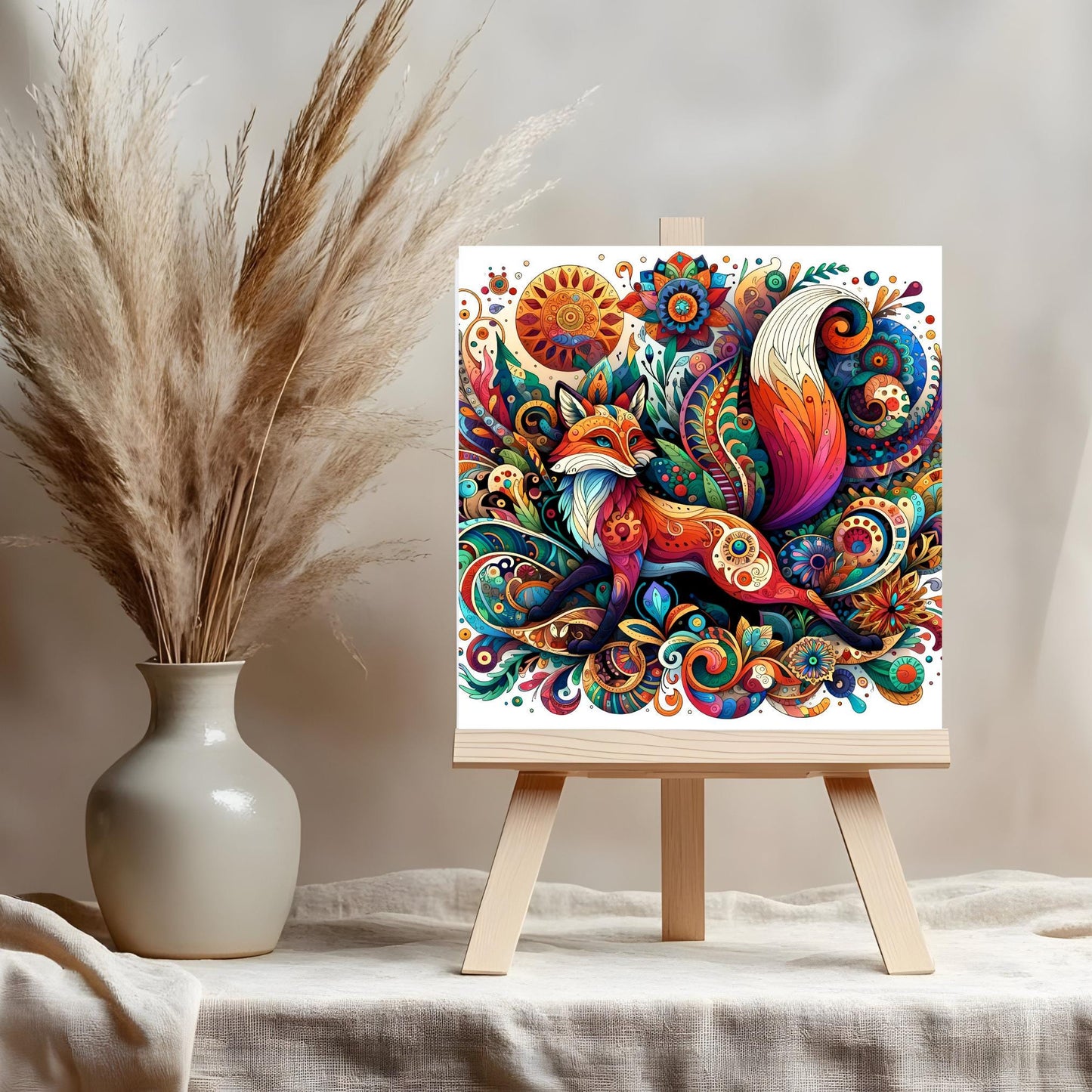Art Nouveau Fox Ceramic Art Tile, Beautiful Fox in a Whimsical Forest, Art Deco Wall Print, Vintage Fox Art, Ready to Display