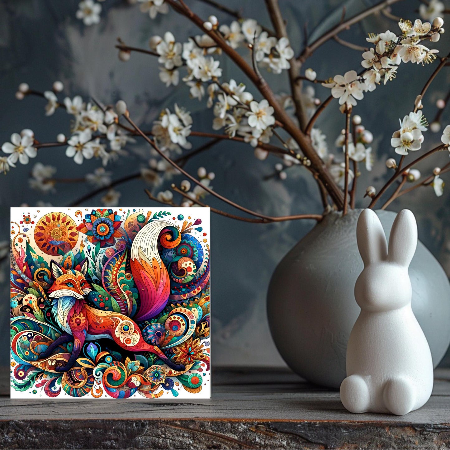 Art Nouveau Fox Ceramic Art Tile, Beautiful Fox in a Whimsical Forest, Art Deco Wall Print, Vintage Fox Art, Ready to Display