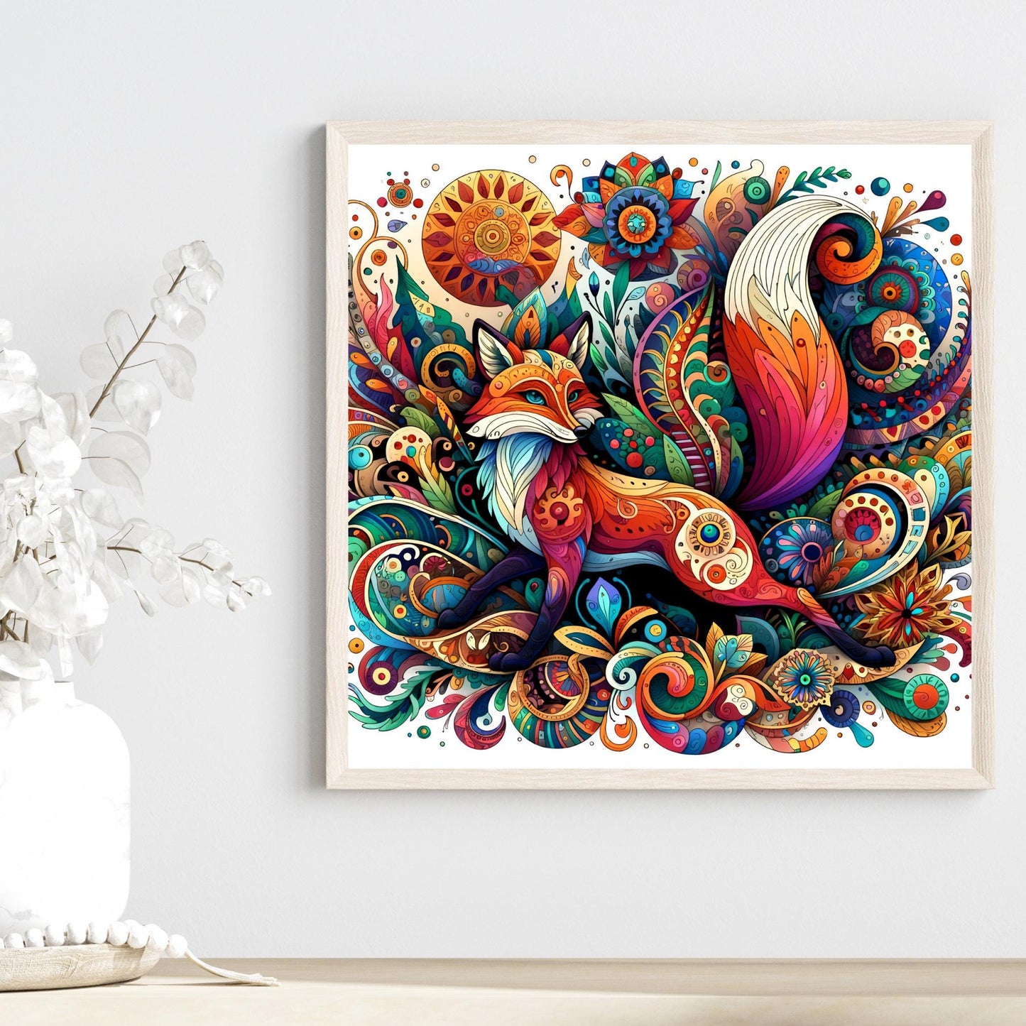 Art Nouveau Fox Ceramic Art Tile, Beautiful Fox in a Whimsical Forest, Art Deco Wall Print, Vintage Fox Art, Ready to Display