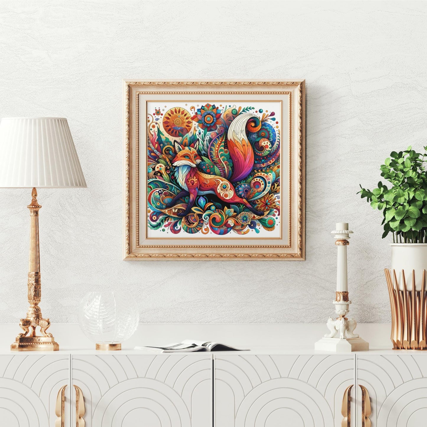 Art Nouveau Fox Ceramic Art Tile, Beautiful Fox in a Whimsical Forest, Art Deco Wall Print, Vintage Fox Art, Ready to Display