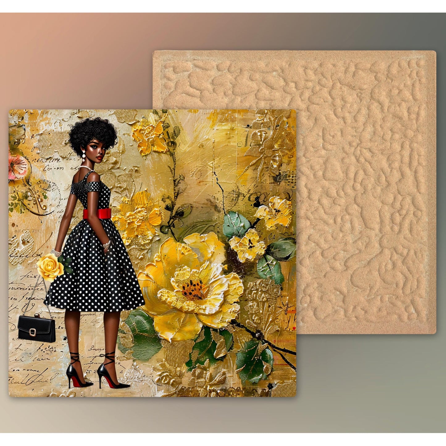 Black Woman Art Ceramic Tile - African American Wall Art - Abstract Floral Print - Black Girl Art - Yellow Floral Decor - African Art