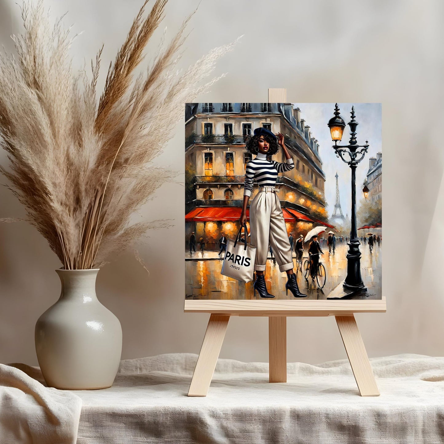 Black Woman in Paris Ceramic Tile - African American Wall Art - Paris Art Print - Eiffel Tower Streetscape - Unique Gift