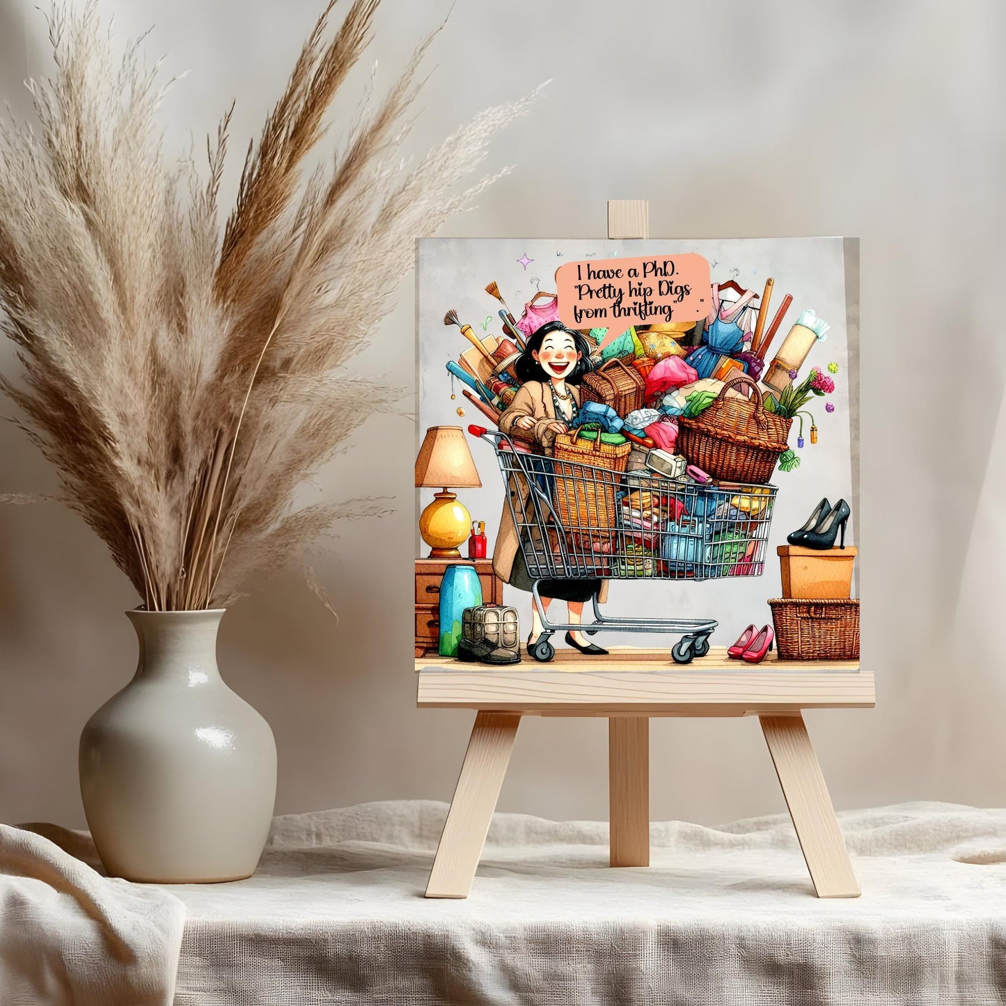 Quirky Woman Shopaholic Ceramic Tile, Funny Art for Thrifters, Quirky Decor, Hilarious Gift for Your Bestie
