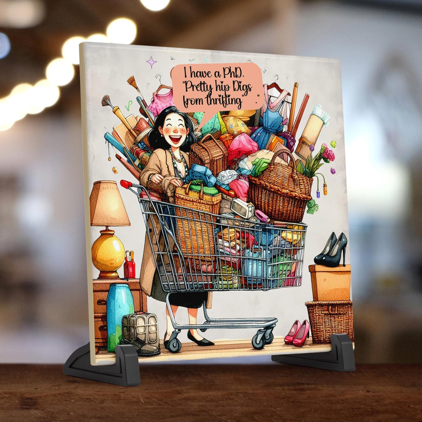 Quirky Woman Shopaholic Ceramic Tile, Funny Art for Thrifters, Quirky Decor, Hilarious Gift for Your Bestie