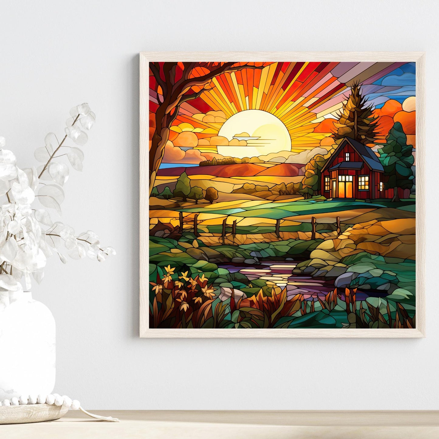 Farmhouse Sunrise Ceramic Tile, Stained Glass Style Wall Art for Unique Home Decor, Nature Inspired Gift for Garden Lovers