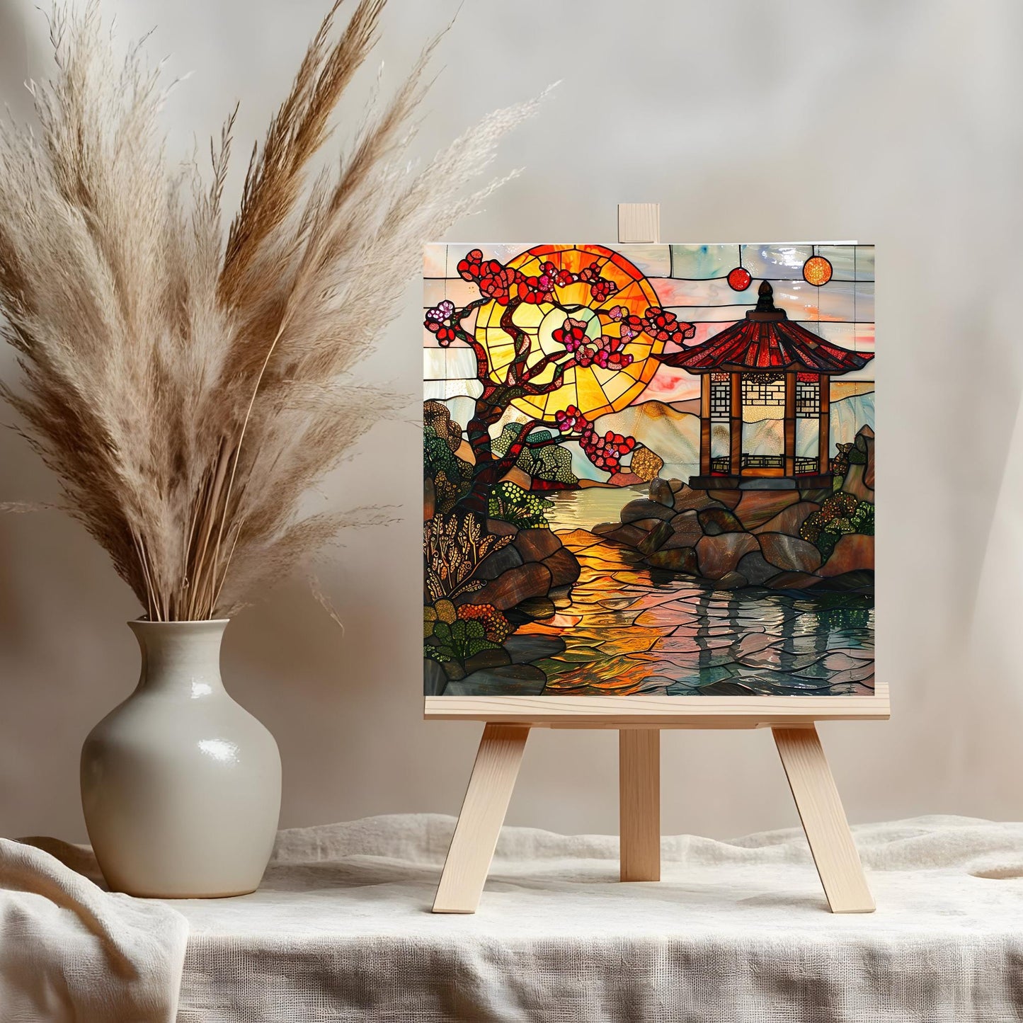 Japanese Garden Ceramic Tile, Stained Glass Style Wall Art for Unique Home Decor, Nature Inspired Gift for Garden Lovers