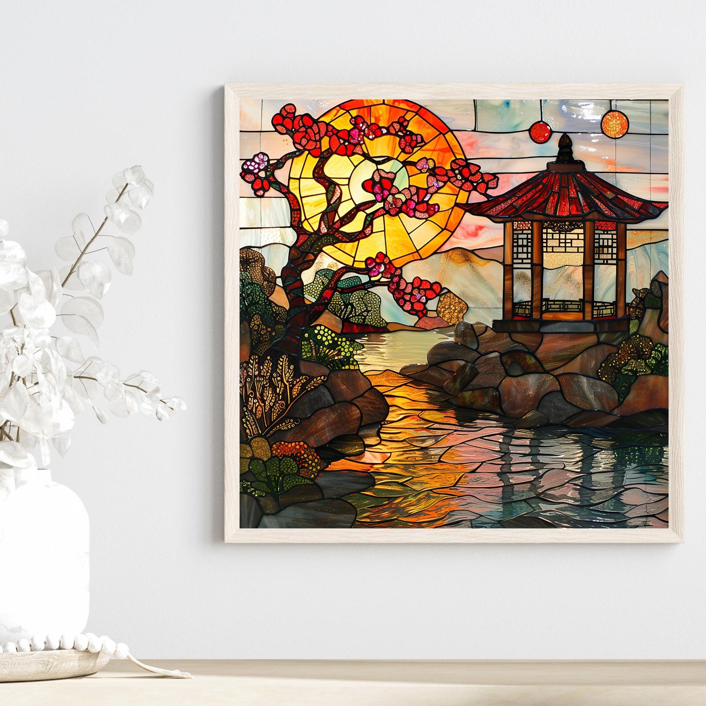 Japanese Garden Ceramic Tile, Stained Glass Style Wall Art for Unique Home Decor, Nature Inspired Gift for Garden Lovers