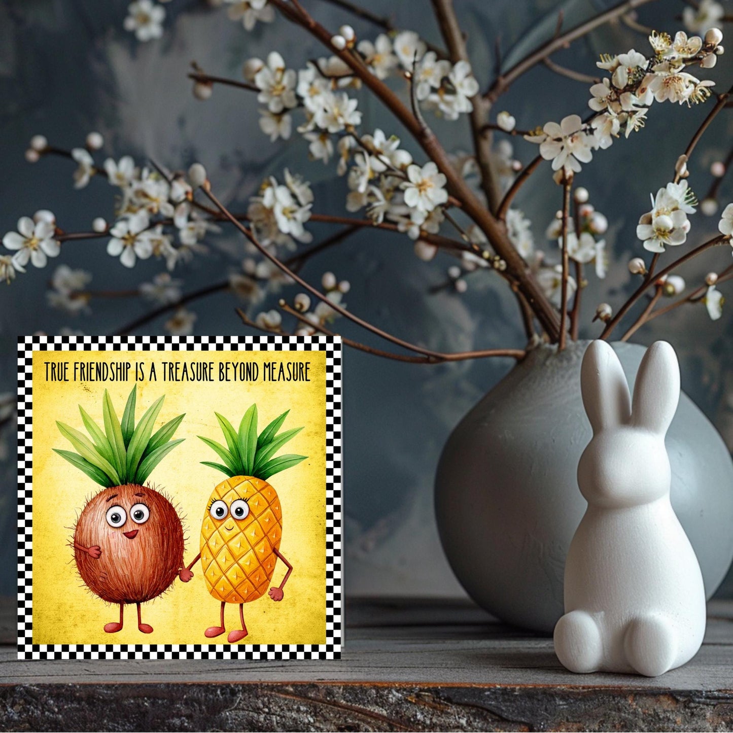 Fruit Wall Art Ceramic Tile, Whimsical Pineapple and Coconut Quote Print for Kitchen Decor, Friendship Gift Idea