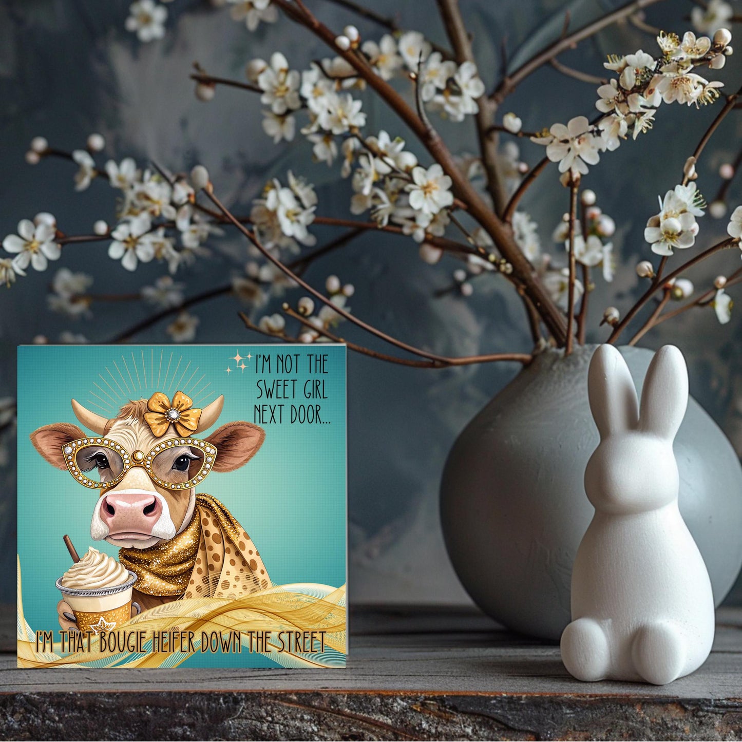 Funny Cow Ceramic Wall Art Tile, Sassy Quote Kitchen Decor - "I'm Not the Sweet Girl Next Door" Print for Humor Lovers