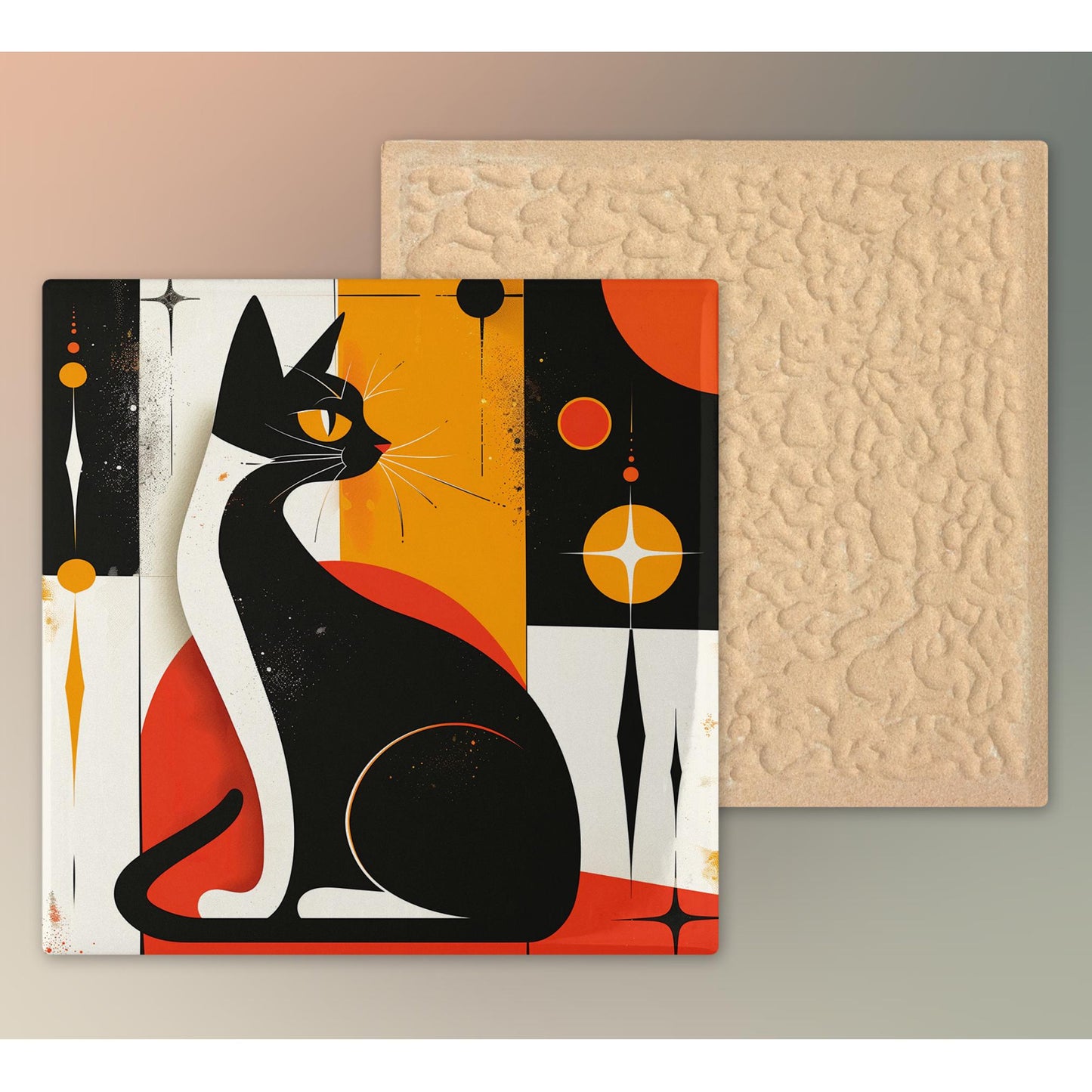 Mid-Century Art Ceramic Tile, Retro Cat Print Wall Hanging, Unique Home Decor for Cat Lovers, Perfect Gift for Cat Lovers