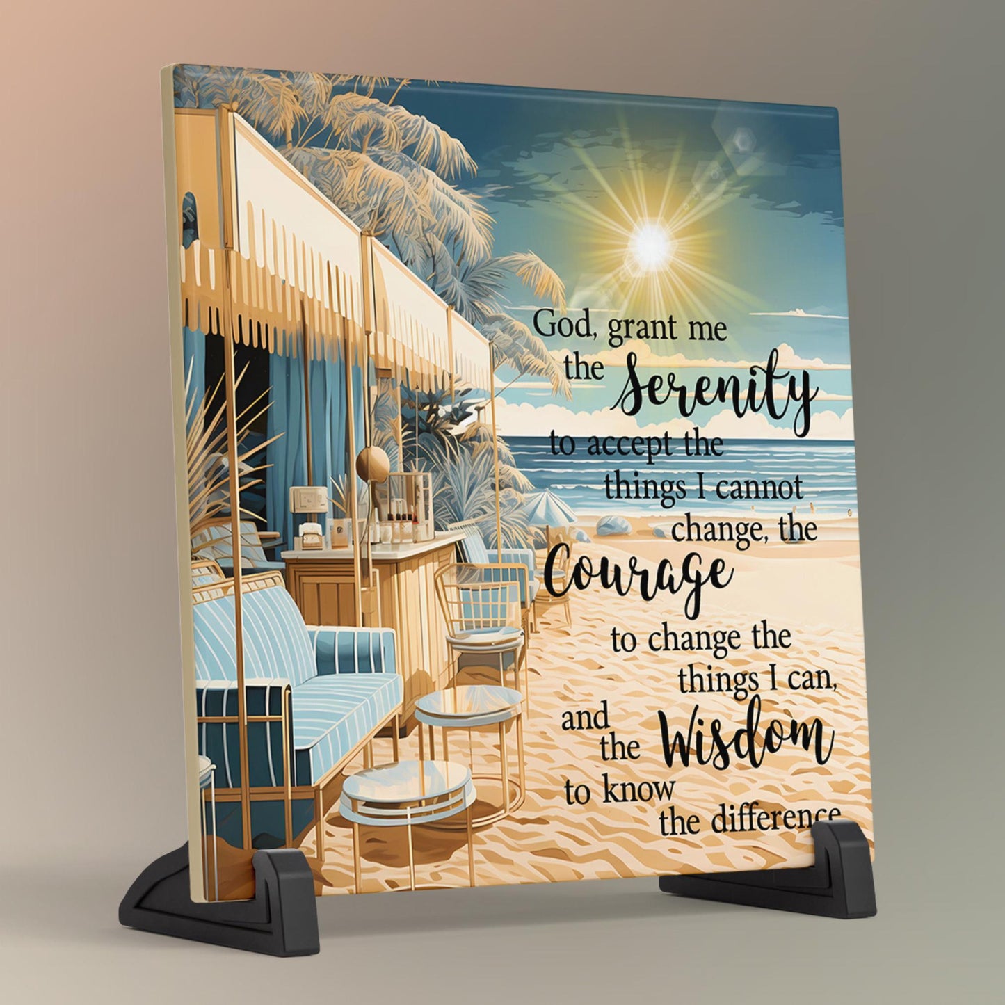 Serenity Prayer Ceramic Tile, Beautiful Coastal Art Print with Uplifting Quote, Perfect Gift for Encouragement and Home Decor - 3 Styles