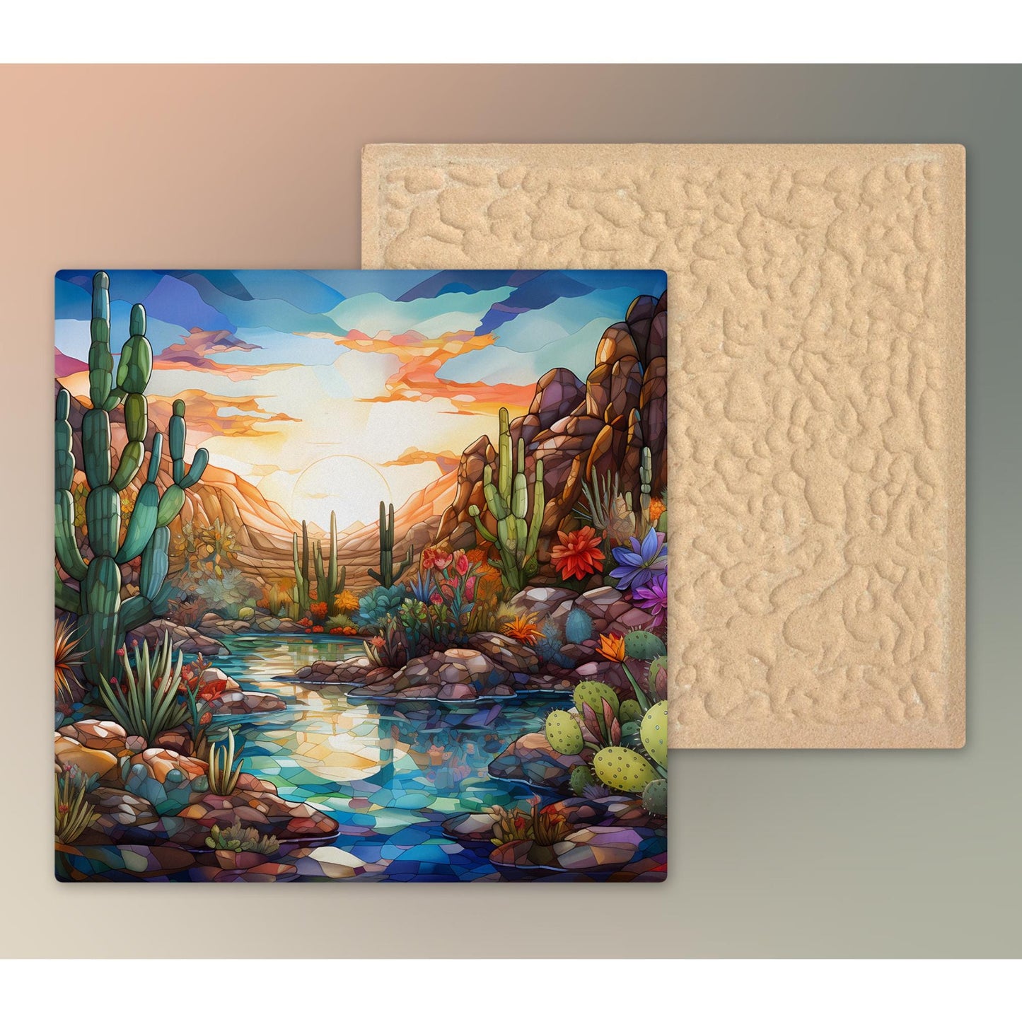 Desert Oasis Ceramic Tile, Stained Glass Print, Handmade Ceramic Wall Decor for Unique Home Accent, Perfect Nature Inspired Gift