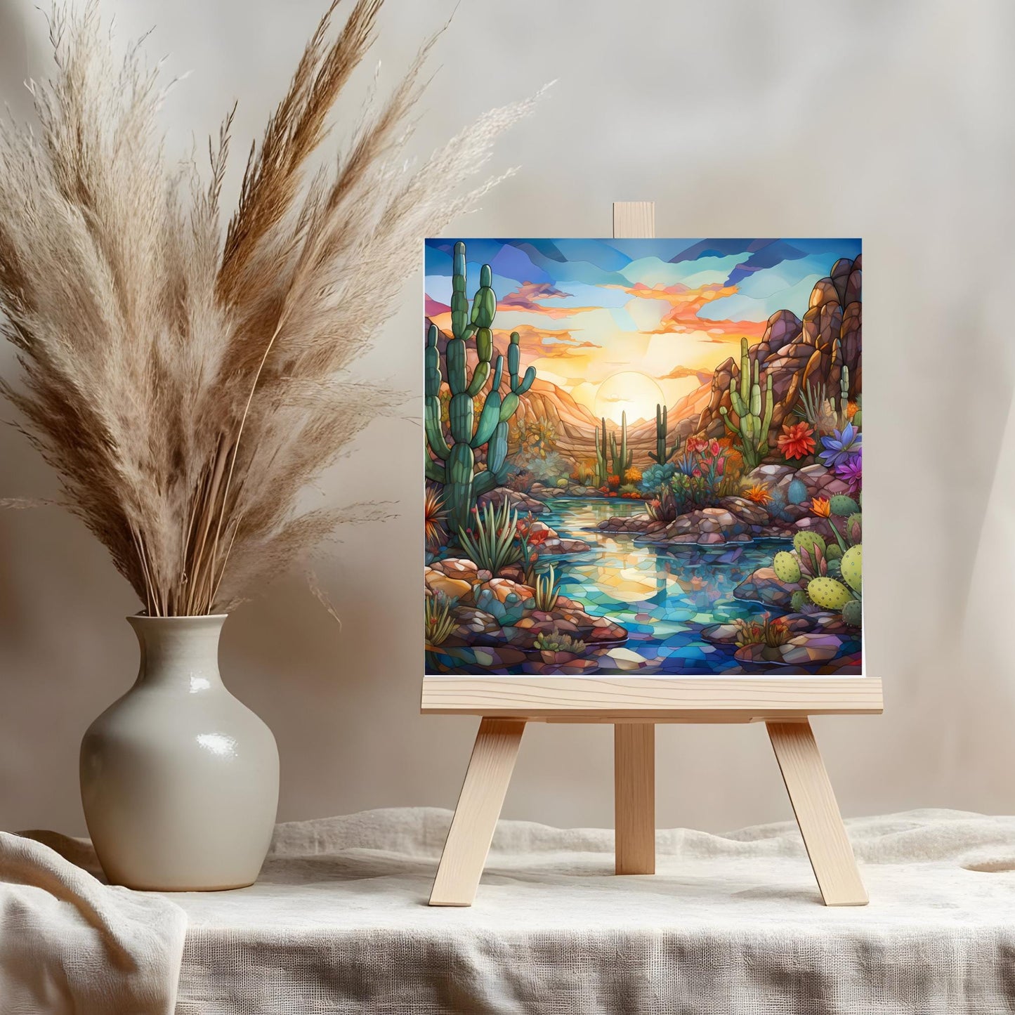 Desert Oasis Ceramic Tile, Stained Glass Print, Handmade Ceramic Wall Decor for Unique Home Accent, Perfect Nature Inspired Gift