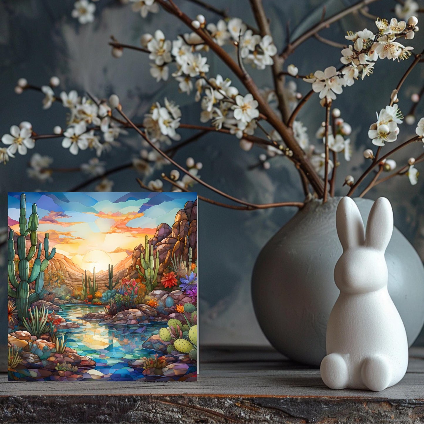 Desert Oasis Ceramic Tile, Stained Glass Print, Handmade Ceramic Wall Decor for Unique Home Accent, Perfect Nature Inspired Gift