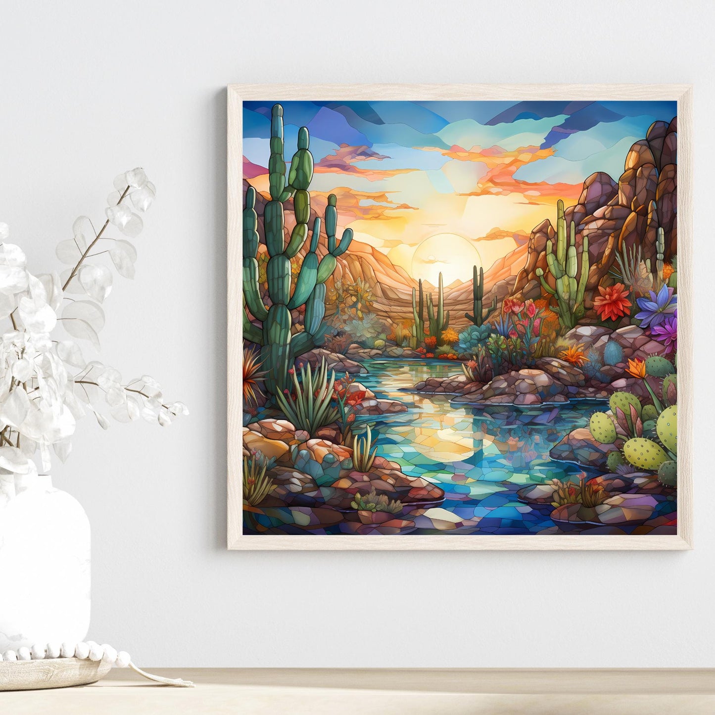 Desert Oasis Ceramic Tile, Stained Glass Print, Handmade Ceramic Wall Decor for Unique Home Accent, Perfect Nature Inspired Gift