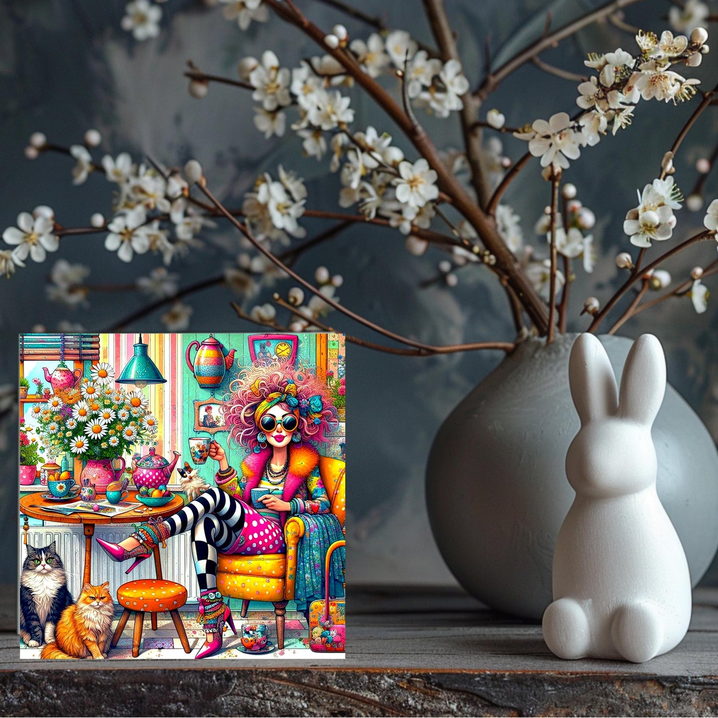 Quirky Lady Coffee Time Ceramic Tile | Charming Coffee Lover Cat Lady | Funny Coffee Time Wall Decor