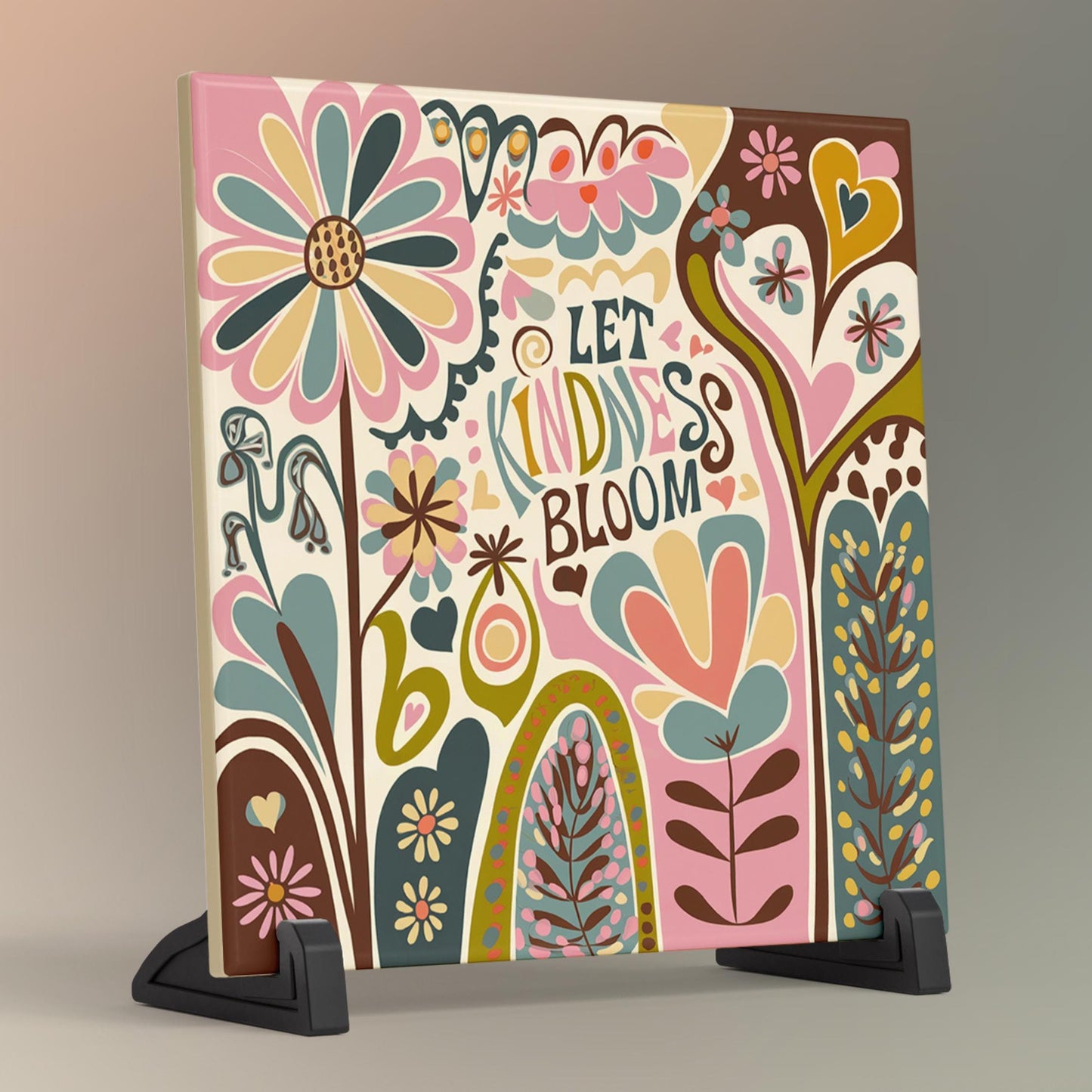 Let Kindness Bloom Ceramic Tile, Flower Art Tile, Floral Boho Wall Decor, Uplifting Gift for Mental Health, Be Kind Quote Artwork
