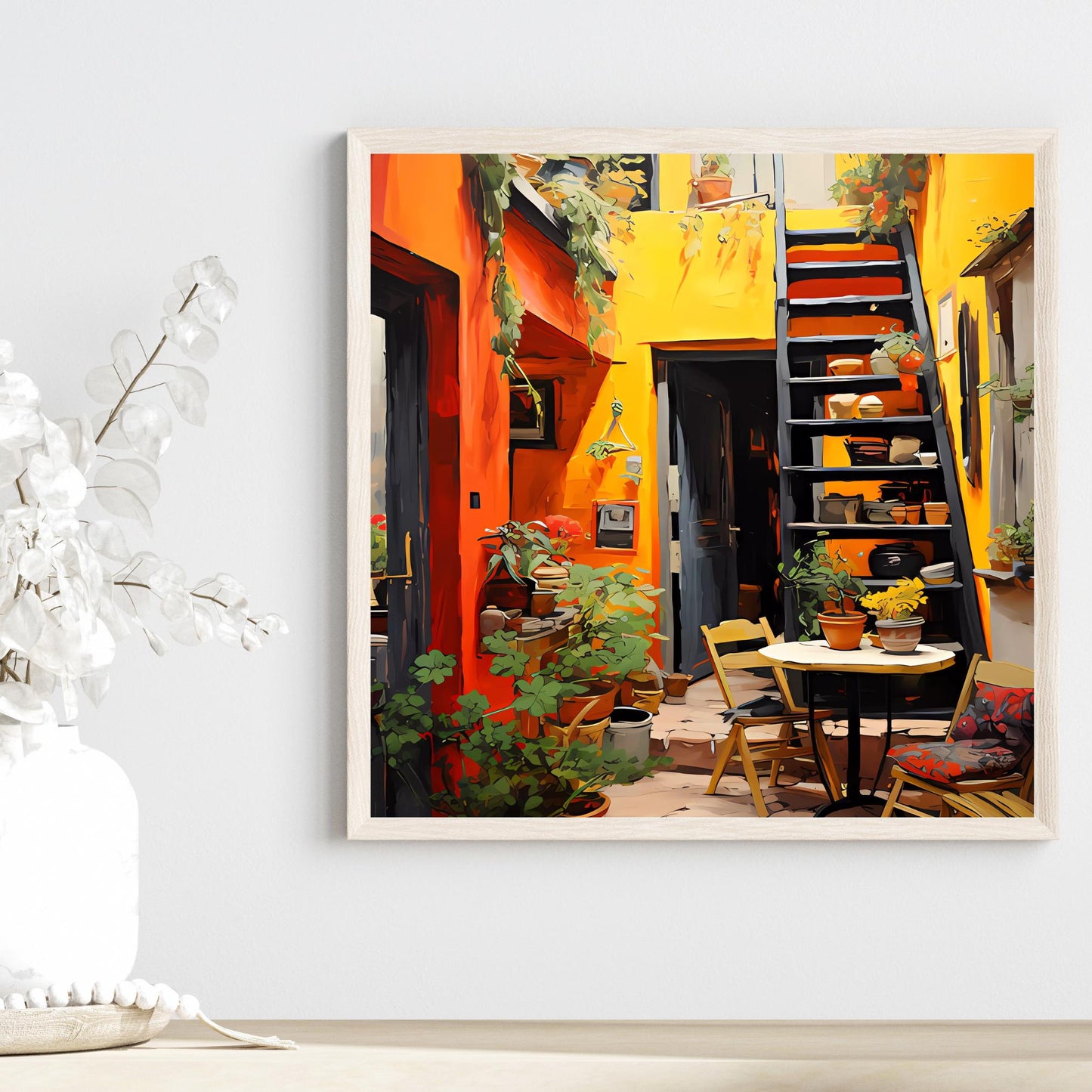 Rustic Mediterranean Street-view Ceramic Tile, Quaint Streetside Cafe Wall Art for Home Décor and Unique Gift