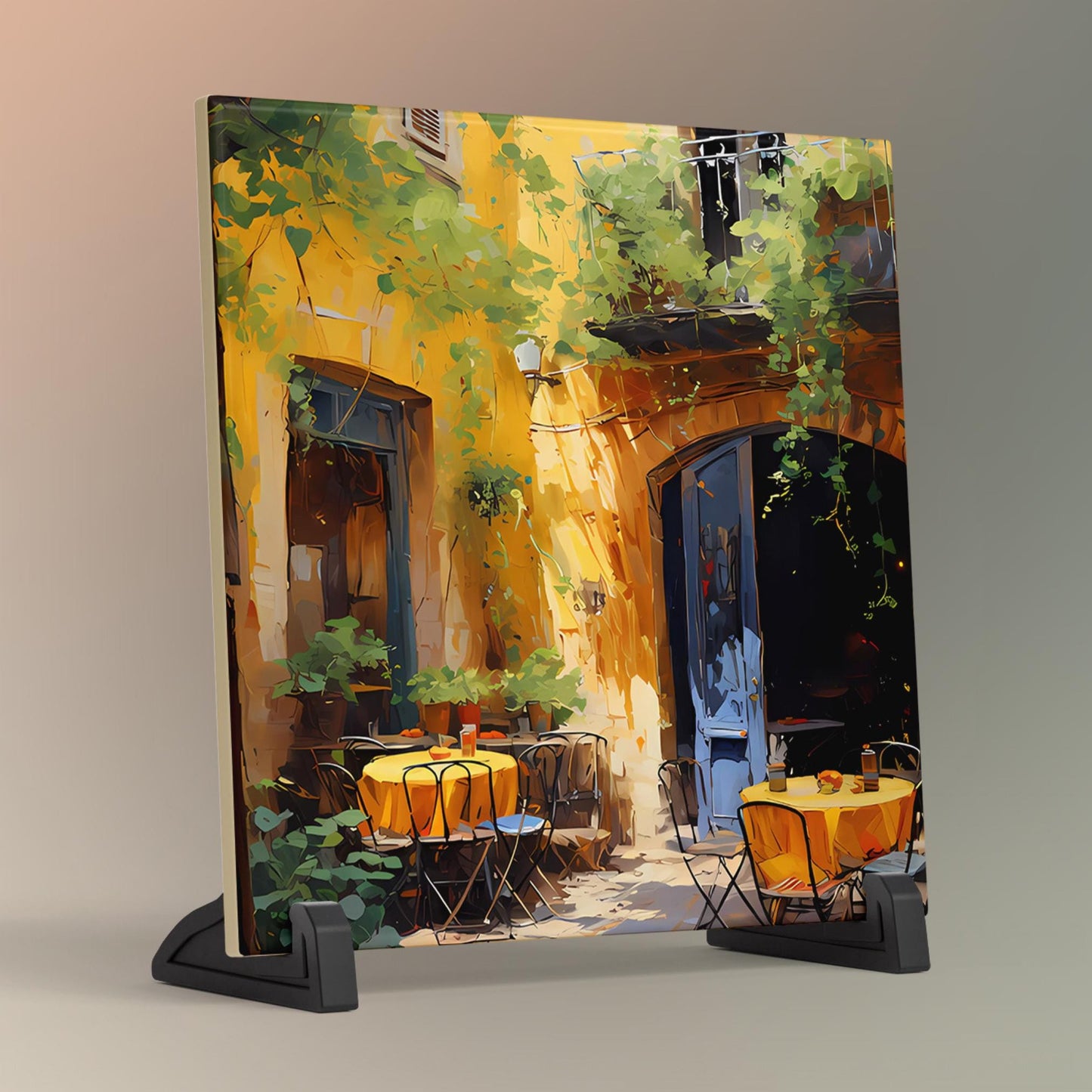 Rustic Cafe Ceramic Tile, Beautiful Quaint Mediterranean Art for Home Decoration, Unique Gift for Housewarming