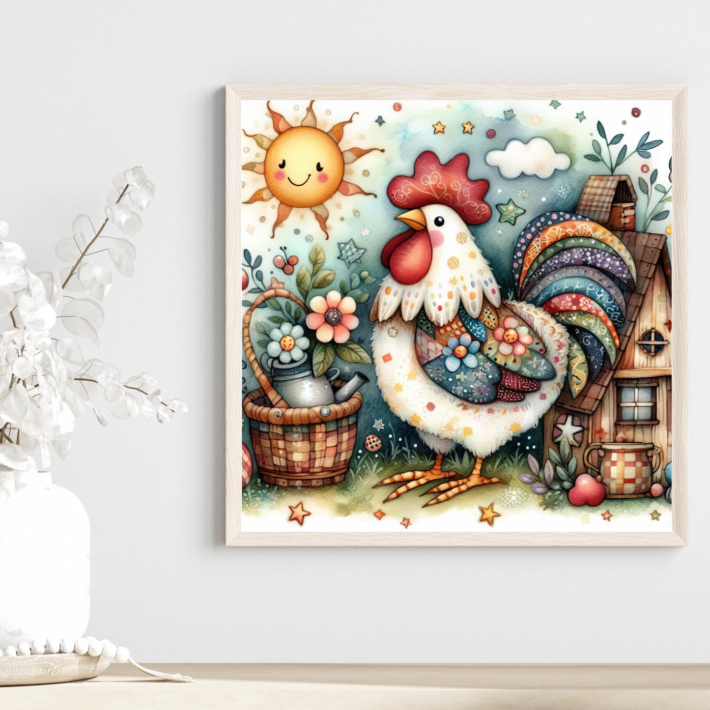 Farmhouse Rooster Ceramic Tile Art | Whimsical Kitchen Decor | Folk Art | Country Chic Rooster Art