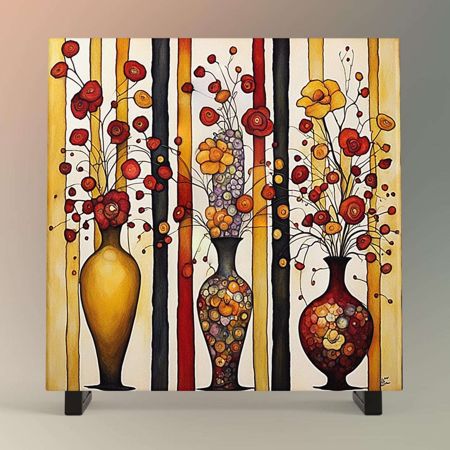 Klimt Inspired Ceramic Art Tile - Flower Art - Vibrant Floral Wall Decor, Home Decor Accent Piece - Ideal Gift for Housewarming or Art Lover