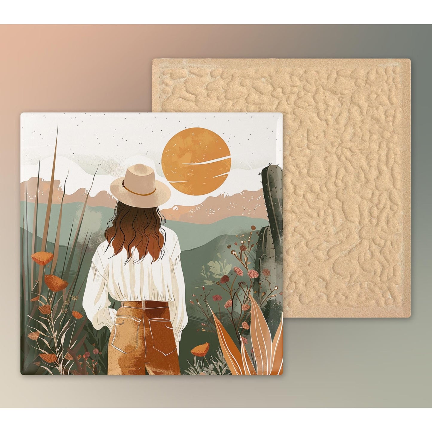 Boho Desert Art Ceramic Tile, Minimalist Handmade Ceramic Wall Decor for Unique Home Accent, Perfect Nature Inspired Gift