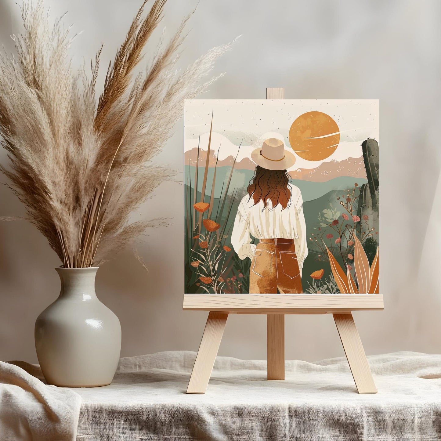 Boho Desert Art Ceramic Tile, Minimalist Handmade Ceramic Wall Decor for Unique Home Accent, Perfect Nature Inspired Gift