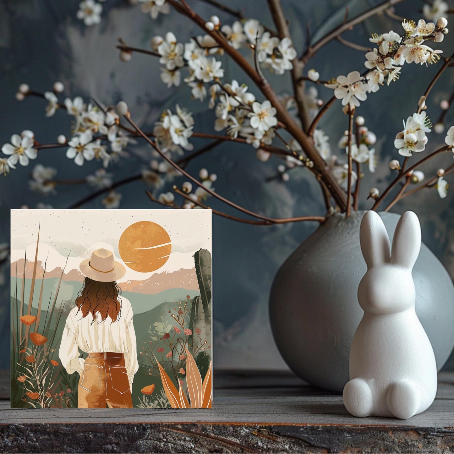 Boho Desert Art Ceramic Tile, Minimalist Handmade Ceramic Wall Decor for Unique Home Accent, Perfect Nature Inspired Gift