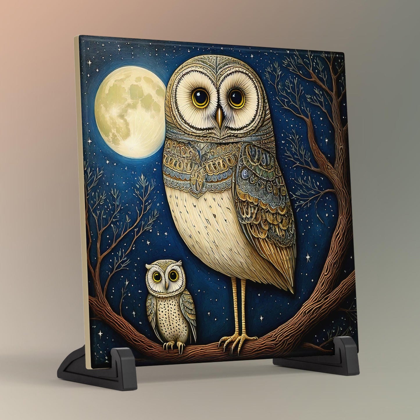 Owls in the Moonlight Tile Art, Unique Minimalist Bird Home Decor, Ideal Gift for Nature Lovers and Owl Enthusiasts