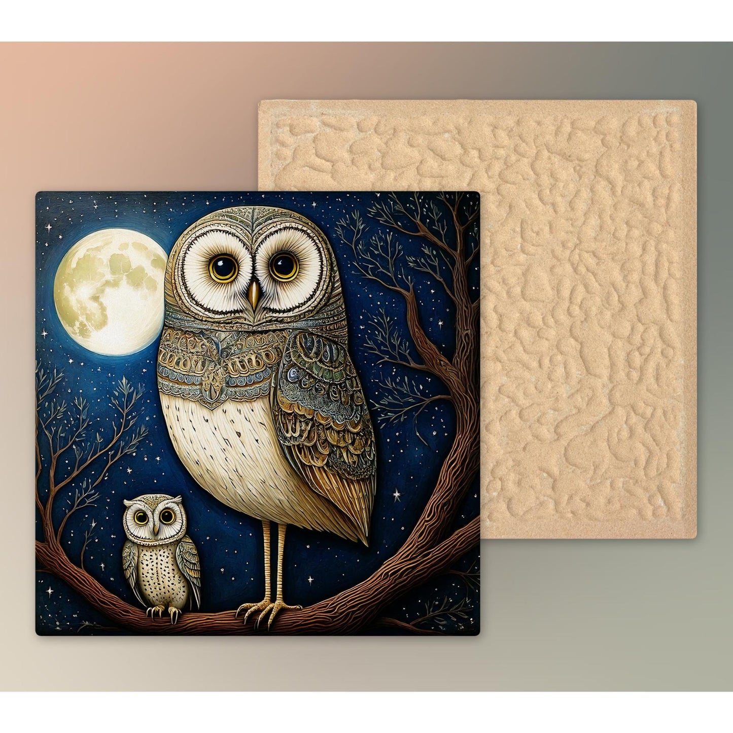 Owls in the Moonlight Tile Art, Unique Minimalist Bird Home Decor, Ideal Gift for Nature Lovers and Owl Enthusiasts