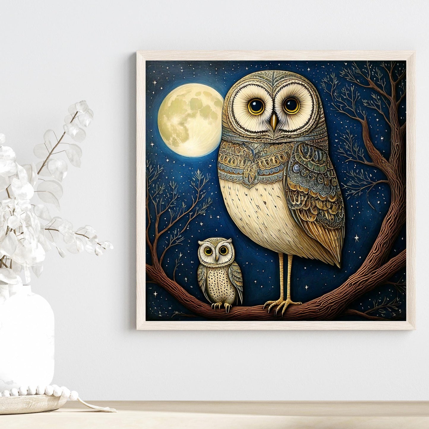 Owls in the Moonlight Tile Art, Unique Minimalist Bird Home Decor, Ideal Gift for Nature Lovers and Owl Enthusiasts