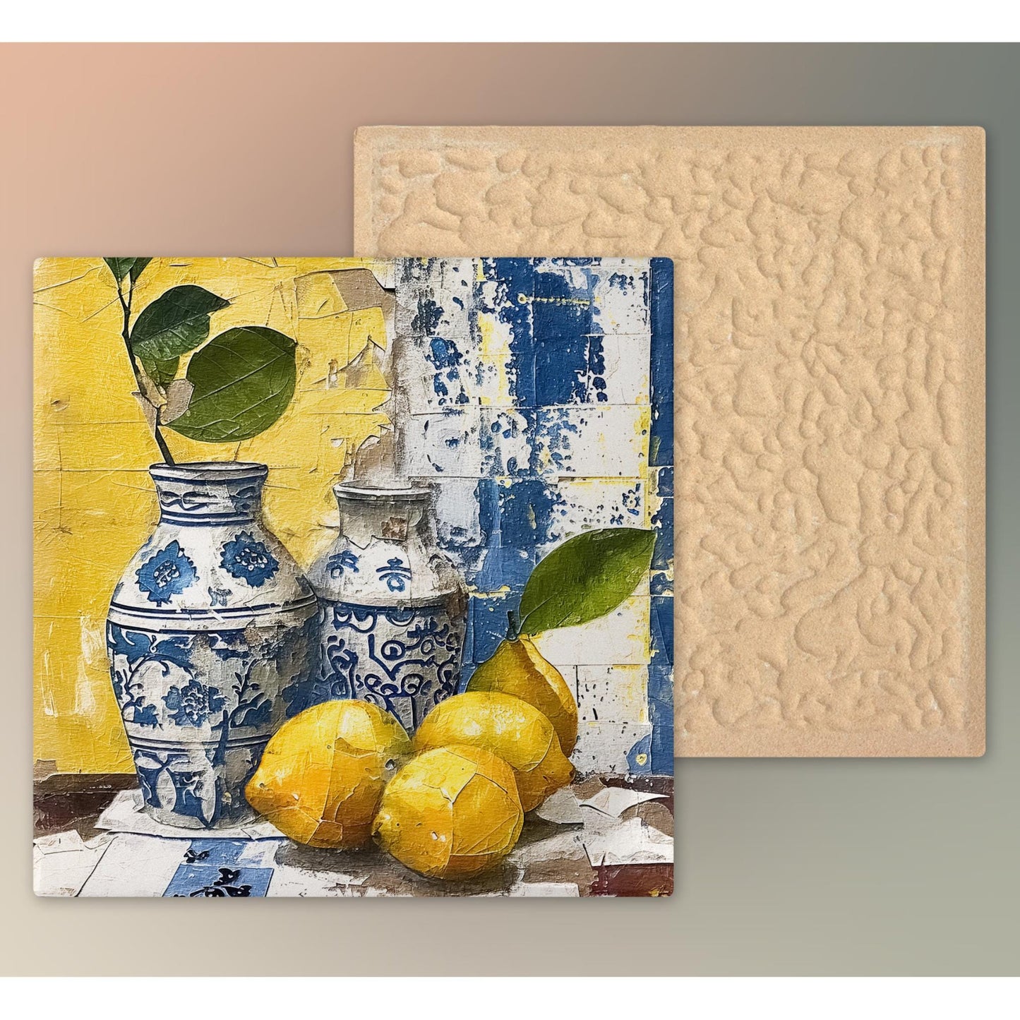 Luxurious Mediterranean Citrus and Blue Tile Art, Boho Kitchen Decor, Vintage Rustic Wall Art, Lisbon Inspired Coastal Artwork