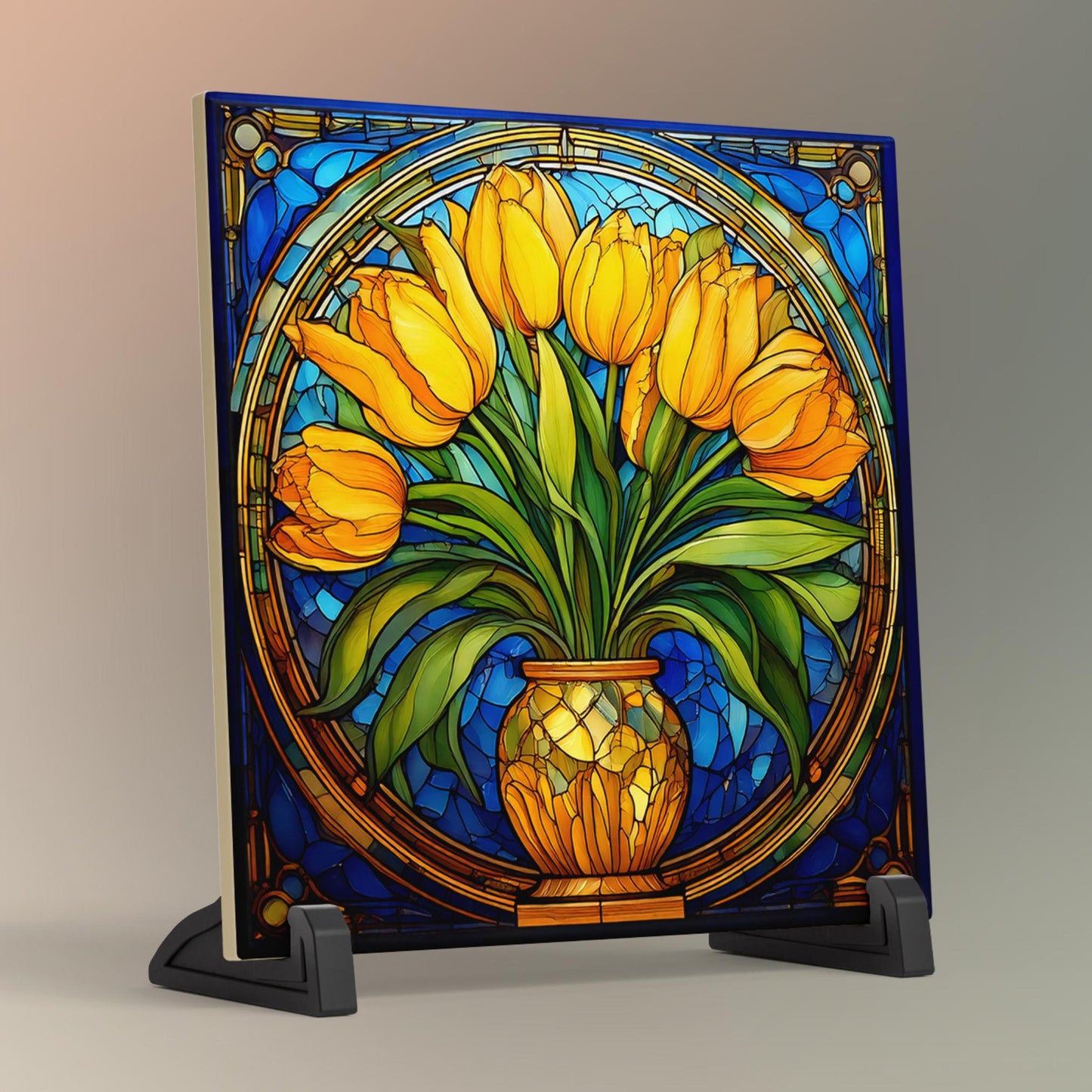 Art Nouveau Flowers Ceramic Art Tile, Handcrafted Decorative Tile for Elegant Home Decor, Unique Gift for Art Lovers, Art Deco Yellow Tulips