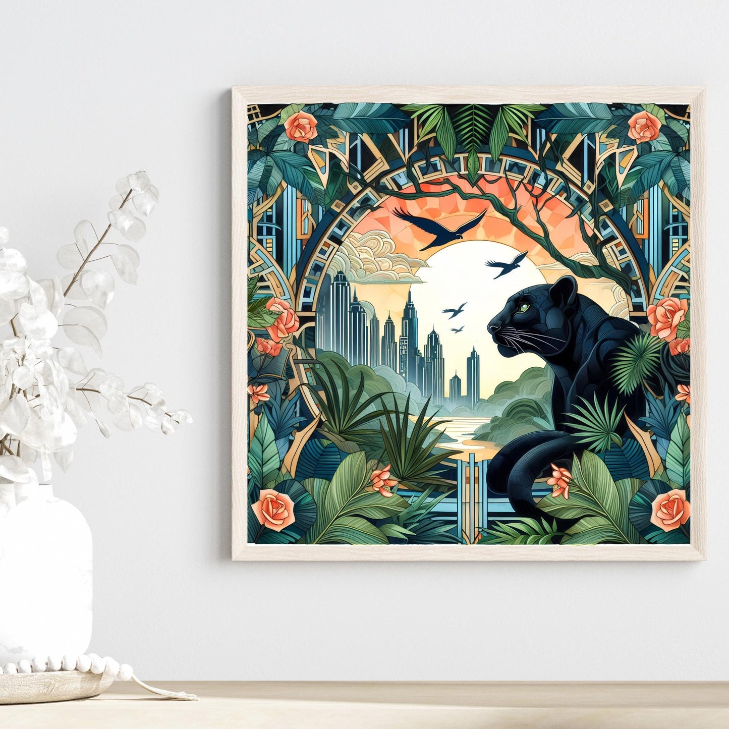 Art Nouveau Panther Ceramic Art Tile, Decorative Tile Inspired by William Morris, Unique Home Decor